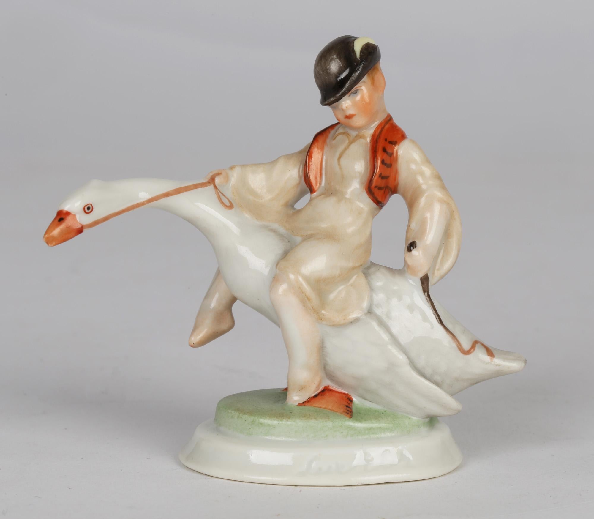 Herend Art Deco Porcelain Boy Riding Goose by Ludas Matyi 4