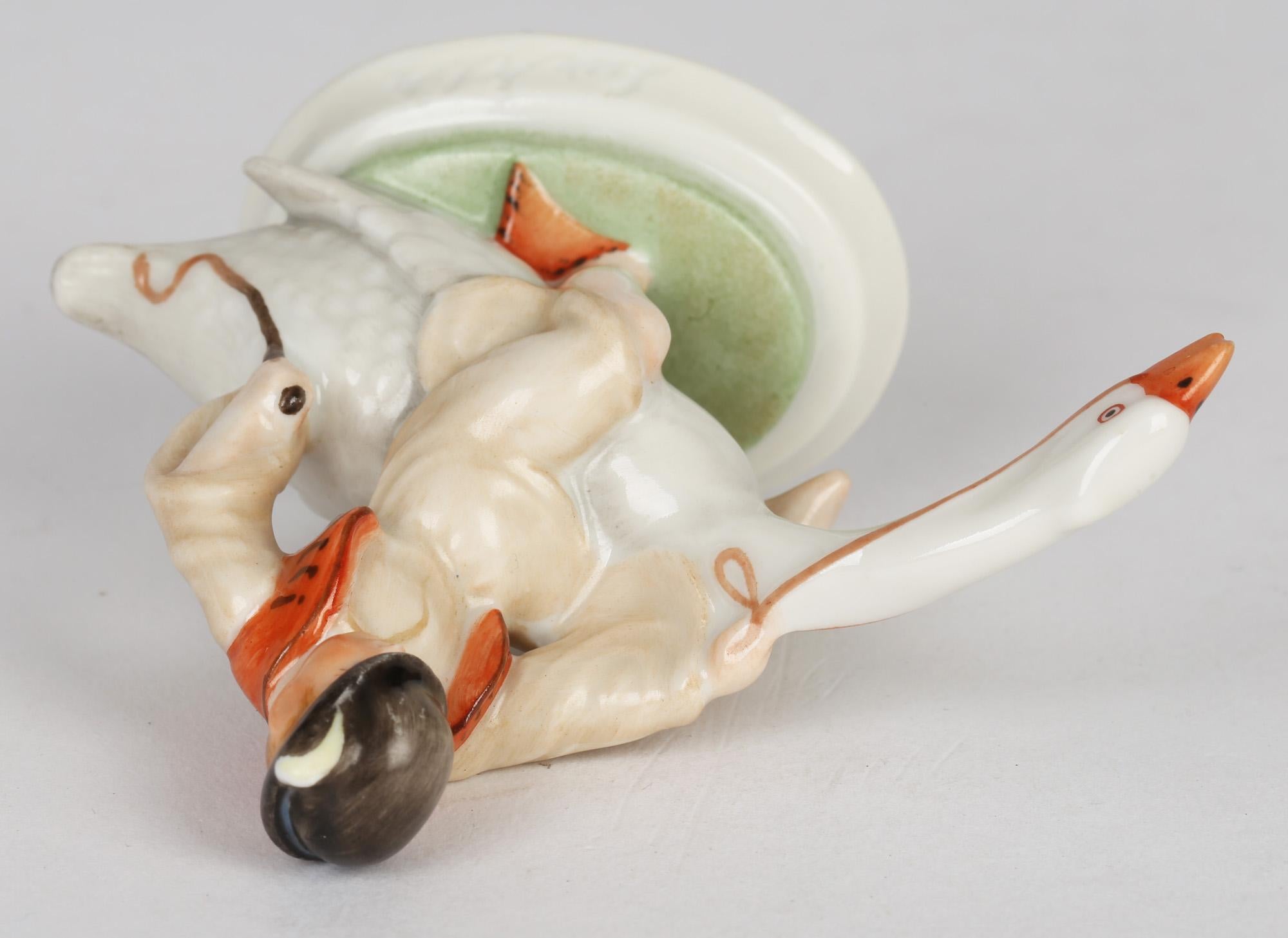 Hungarian Herend Art Deco Porcelain Boy Riding Goose by Ludas Matyi