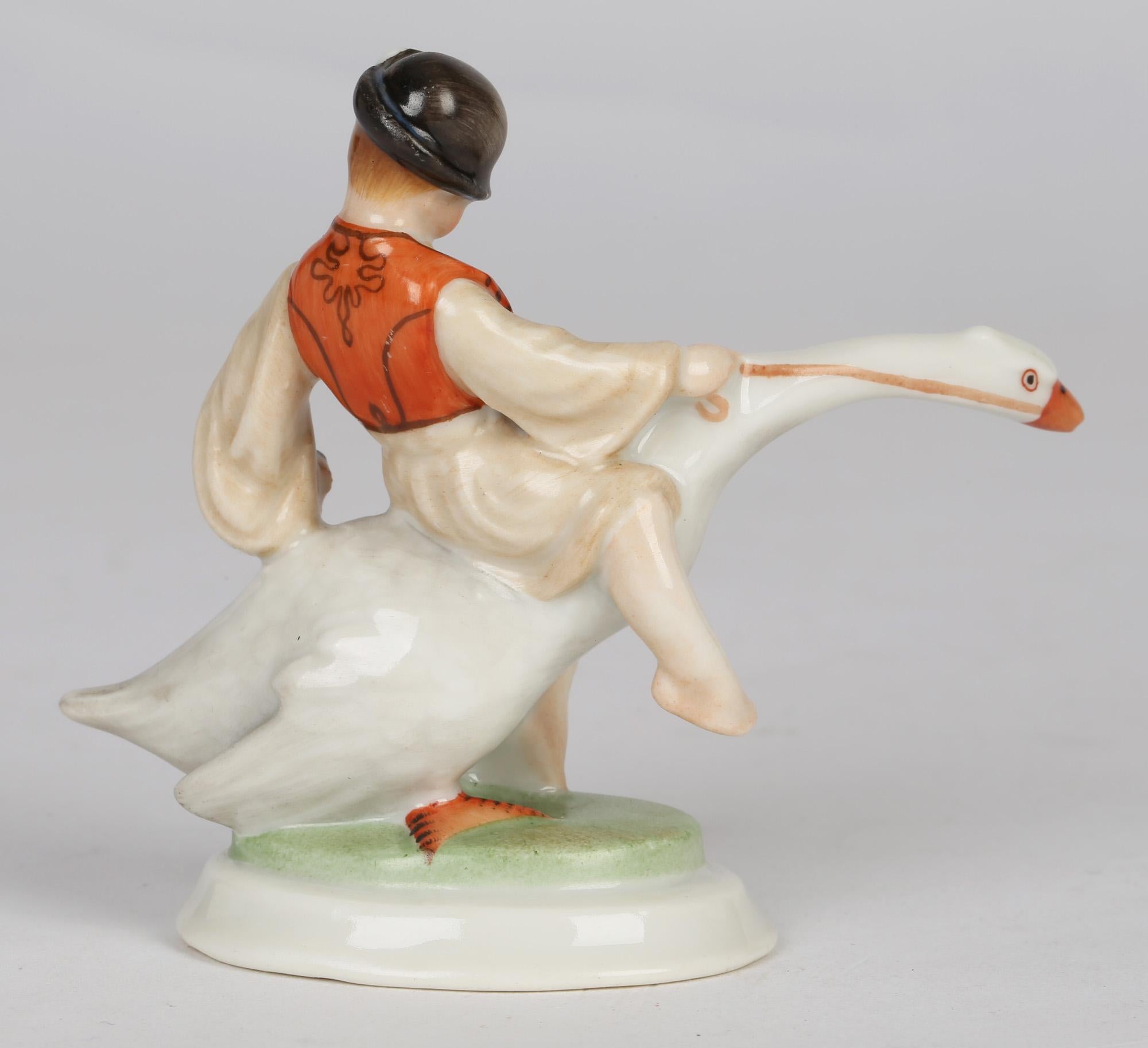 Hand-Painted Herend Art Deco Porcelain Boy Riding Goose by Ludas Matyi