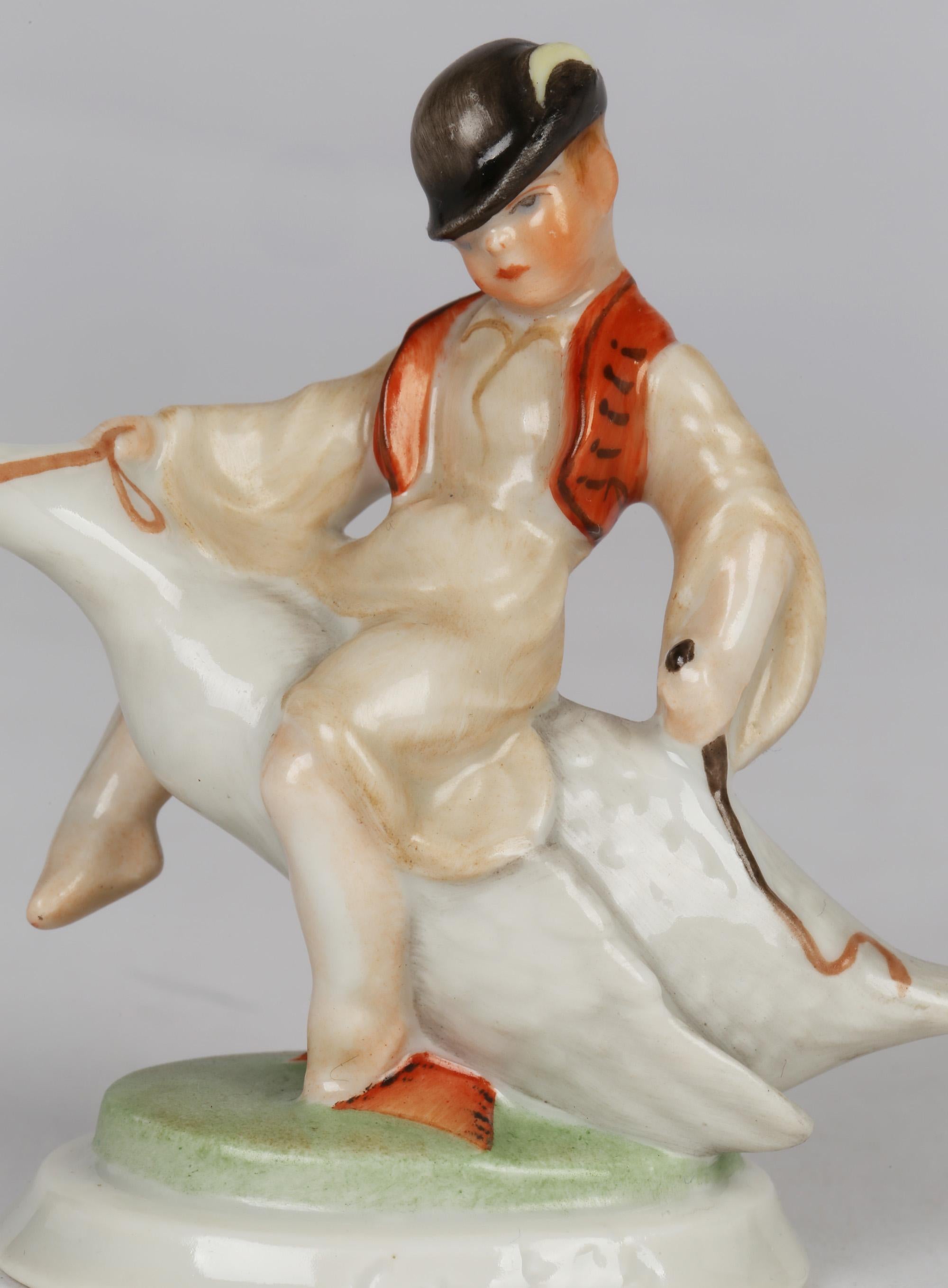 Herend Art Deco Porcelain Boy Riding Goose by Ludas Matyi 1