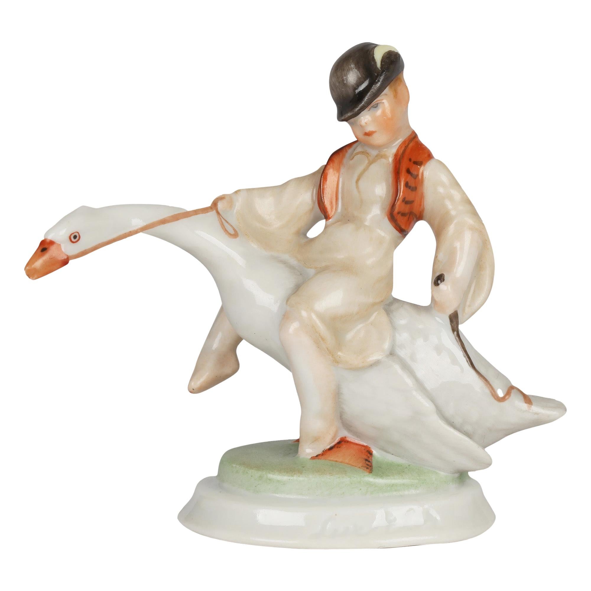 Herend Art Deco Porcelain Boy Riding Goose by Ludas Matyi