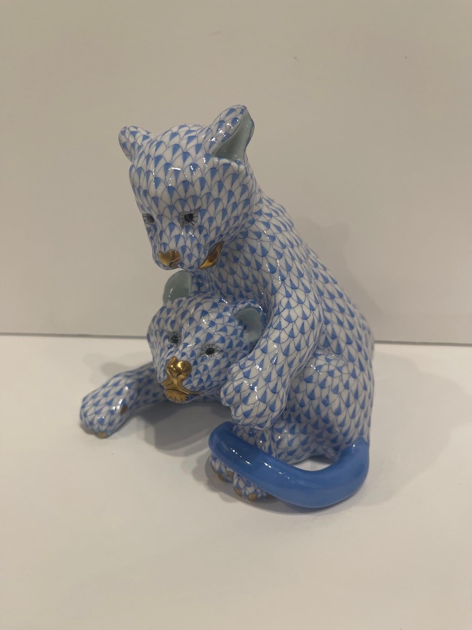 Herend Blue and White Figure of Lion Cubs, 20th Century In Good Condition For Sale In Savannah, GA