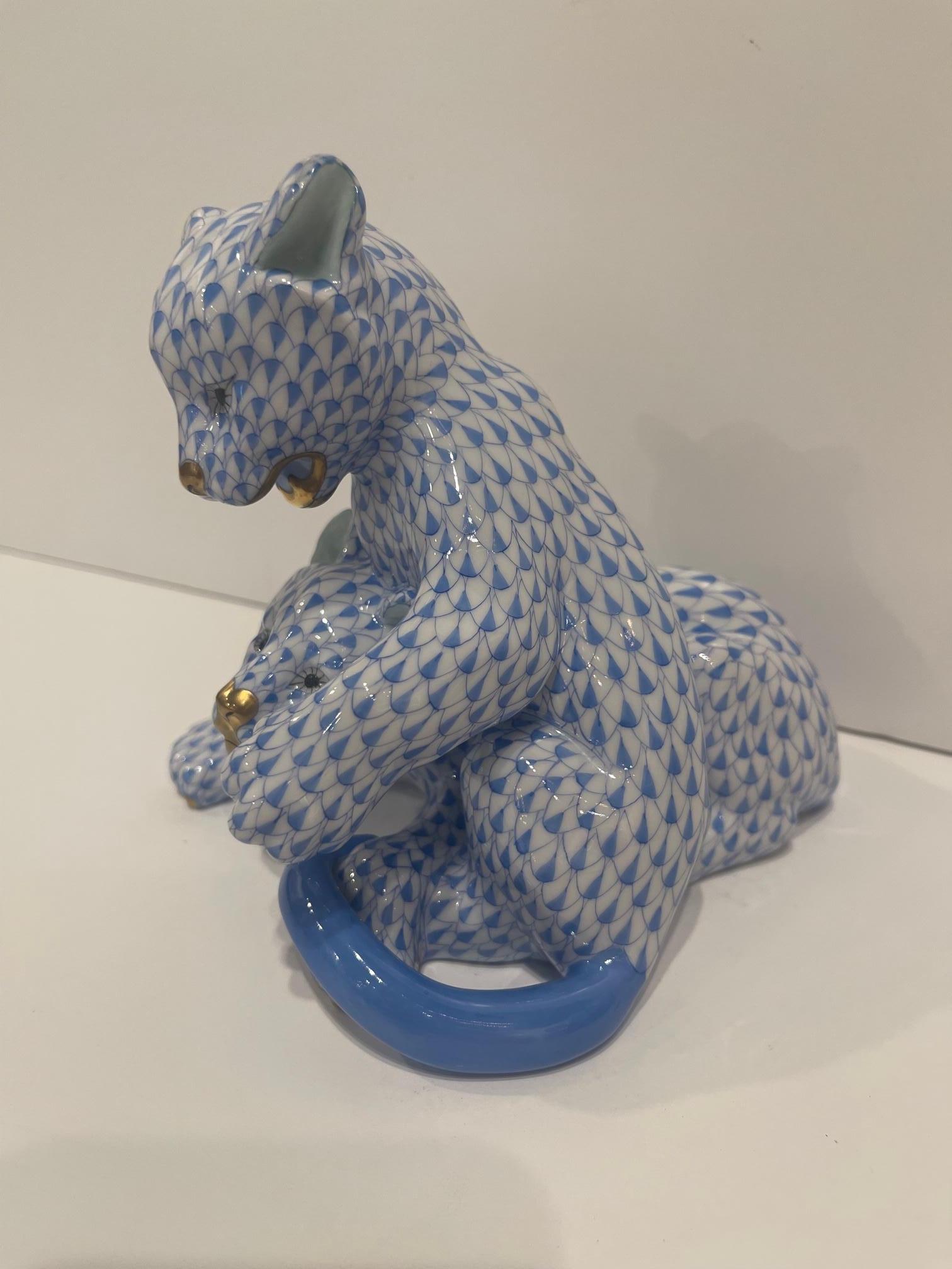Porcelain Herend Blue and White Figure of Lion Cubs, 20th Century For Sale