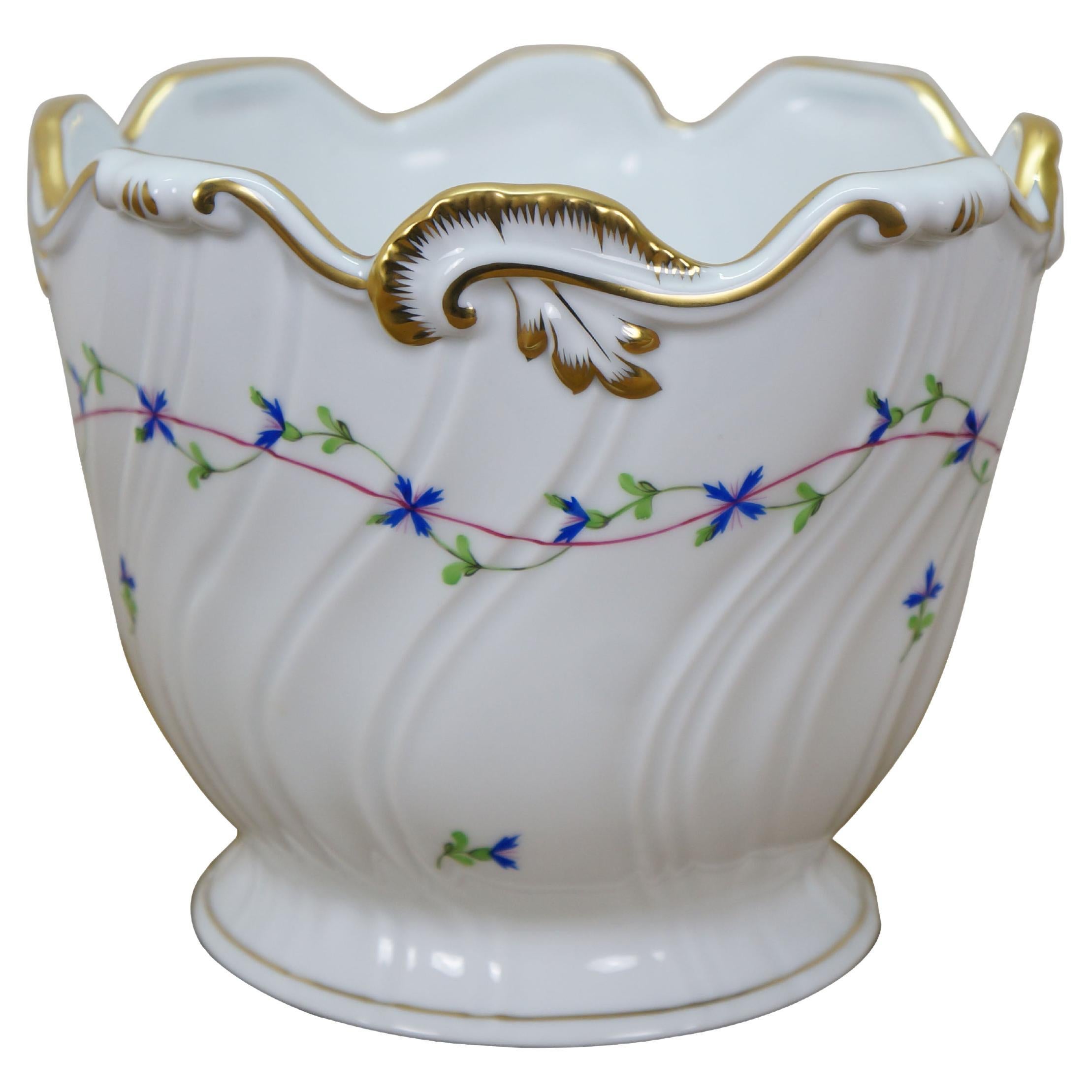 Herend Blue Garland Ribbed Porcelain Cachepot Vase Bowl Jardiniere Pot 7"