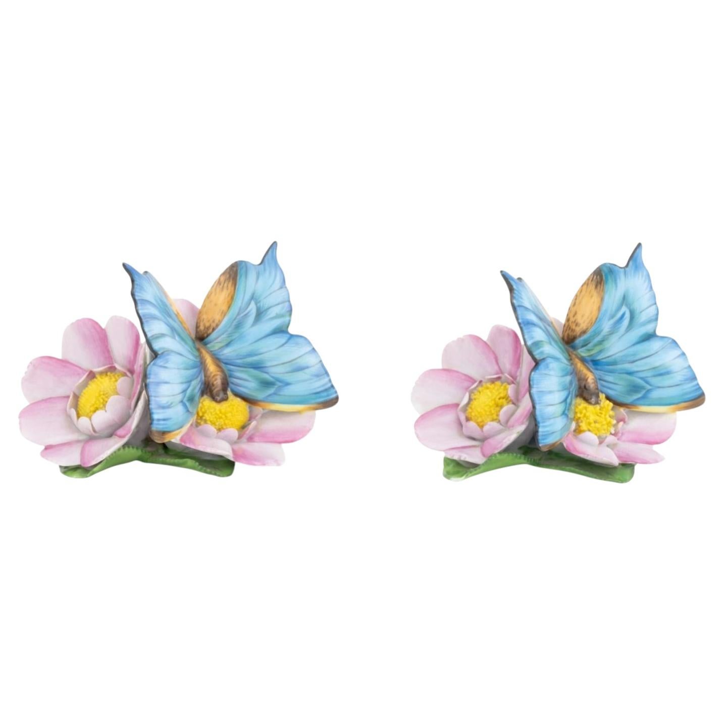 Pre-owned Herend Butterfly And Flower Porcelain Figurines, 2 In Gray