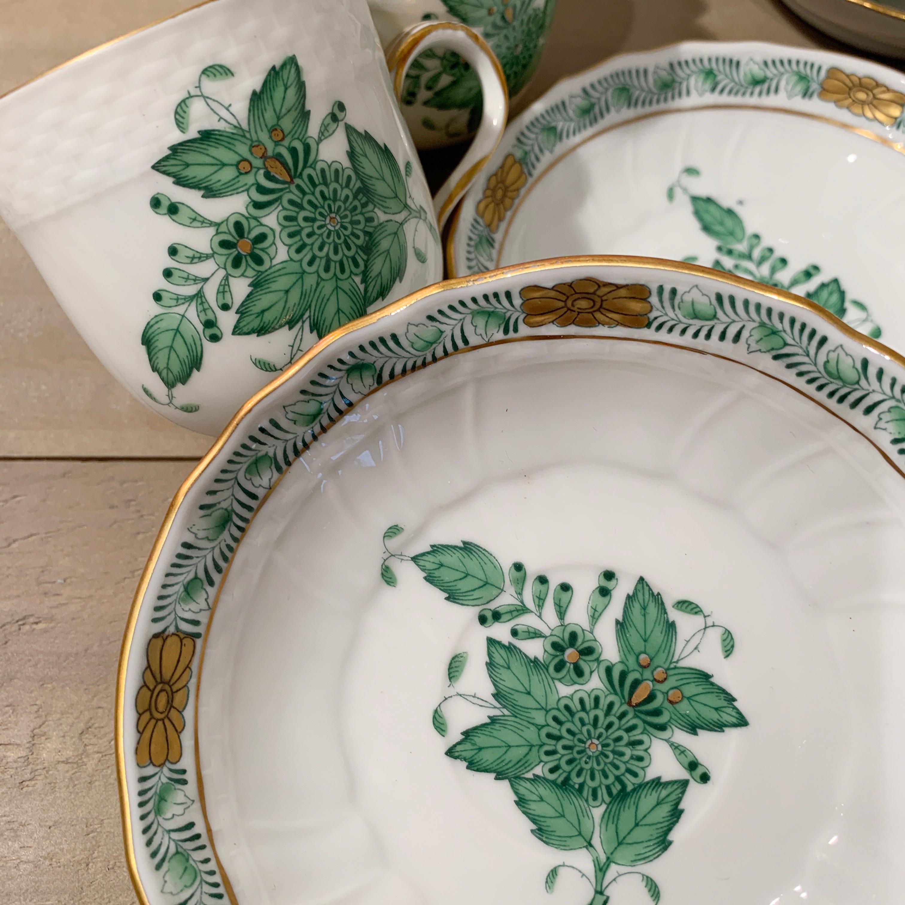 Hungarian Herend Chinese Bouquet Apponyi White and Green Coffee Set, circa 1950s For Sale
