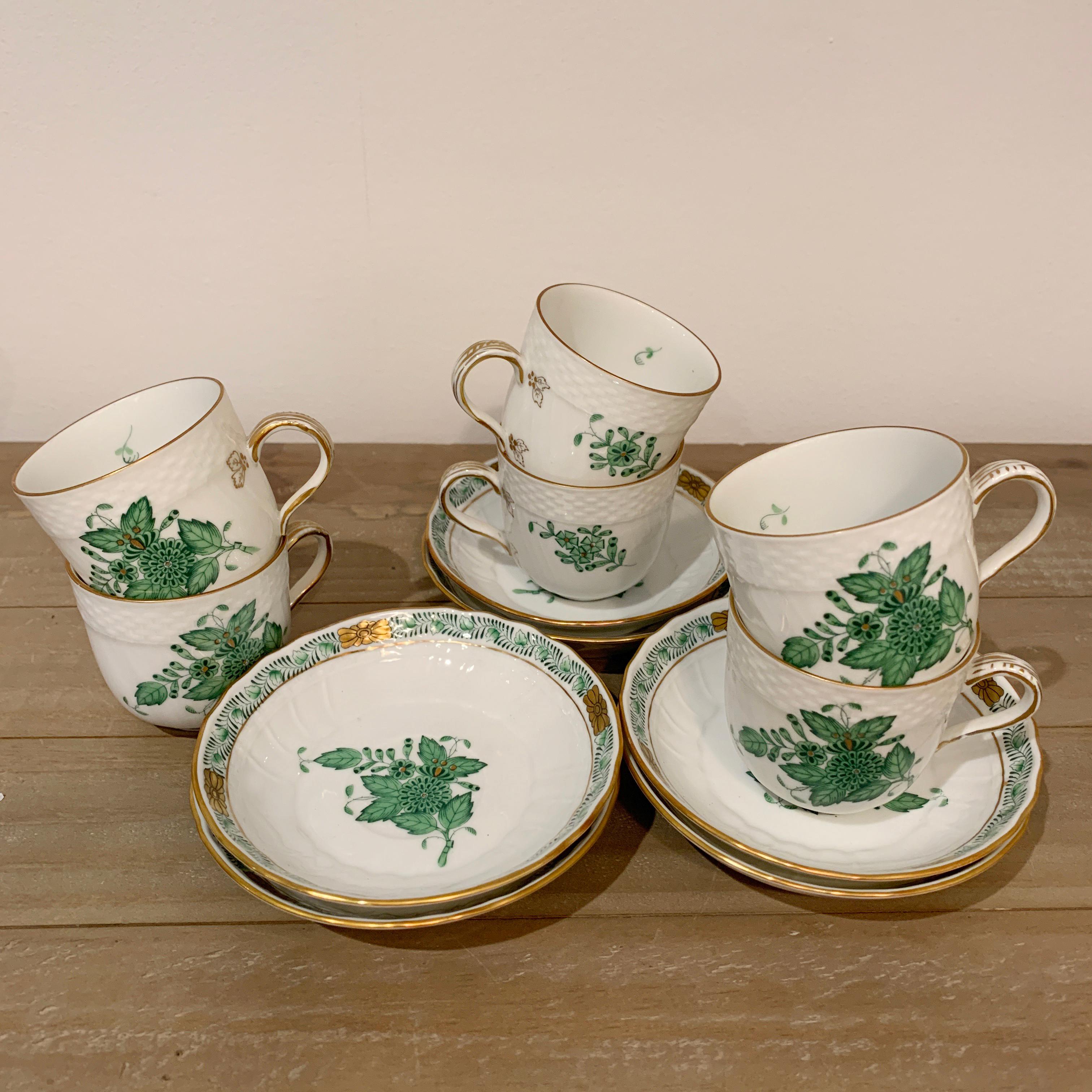 Hand-Painted Herend Chinese Bouquet Apponyi White and Green Coffee Set, circa 1950s For Sale