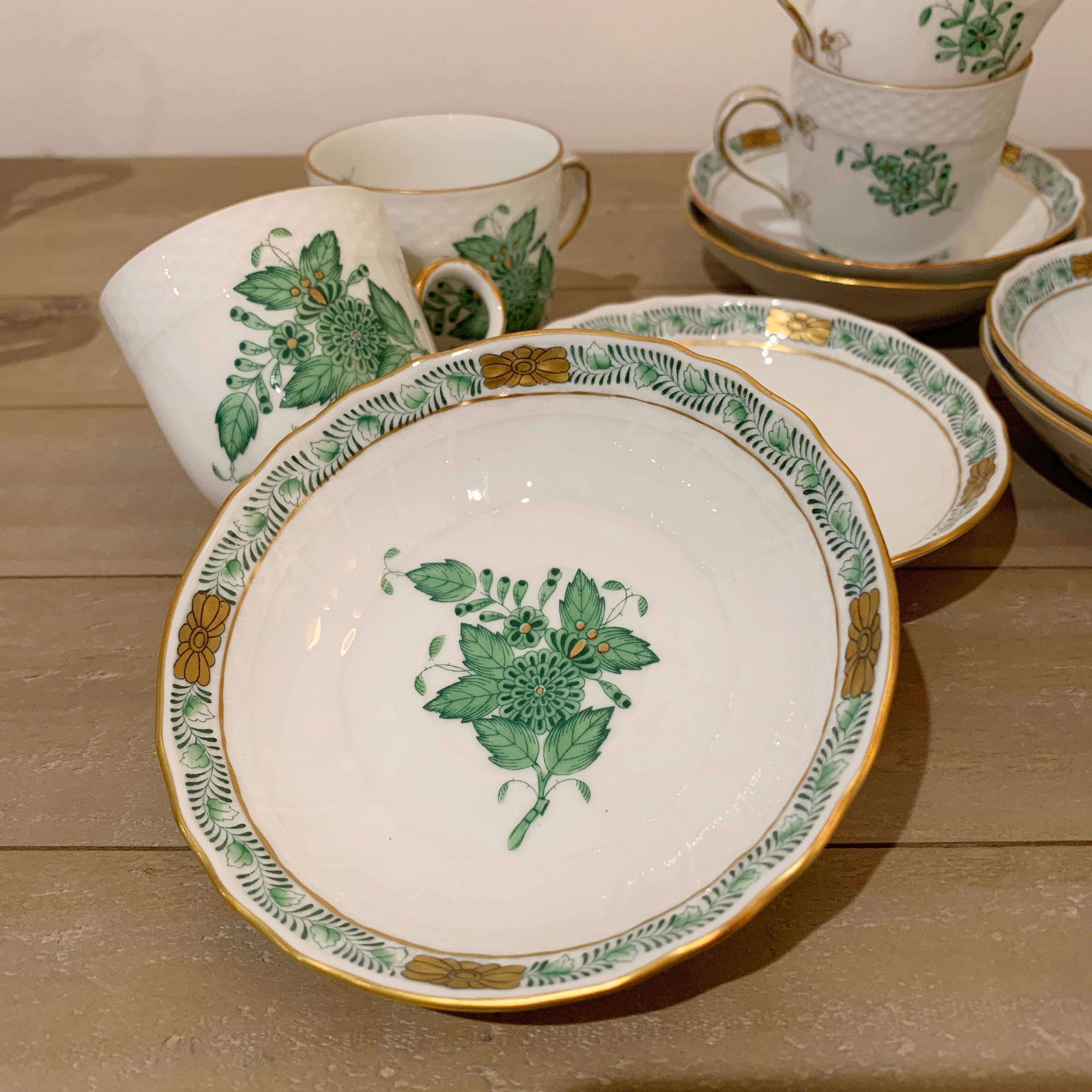 20th Century Herend Chinese Bouquet Apponyi White and Green Coffee Set, circa 1950s For Sale