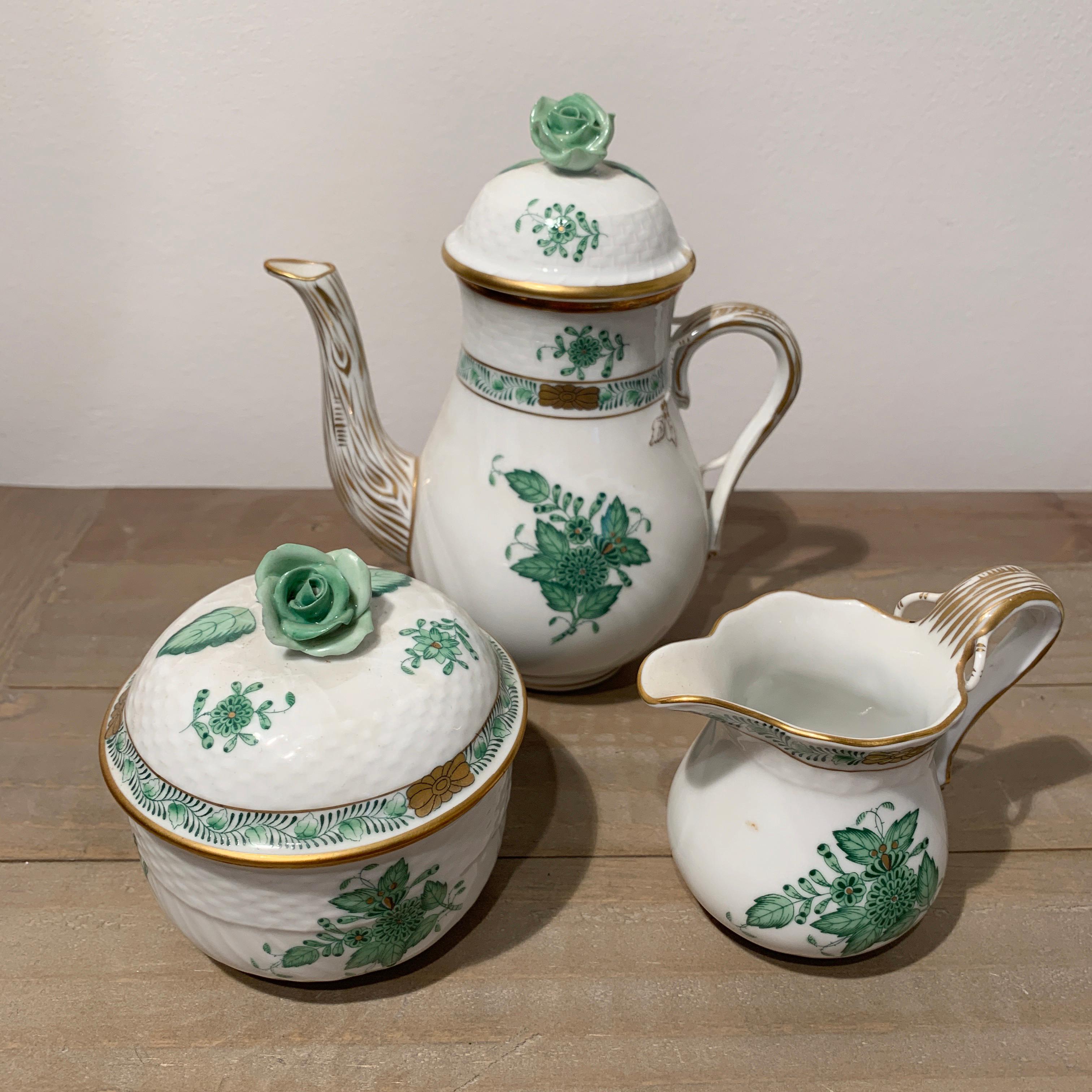 Herend Chinese Bouquet Apponyi White and Green Coffee Set, circa 1950s For Sale 1