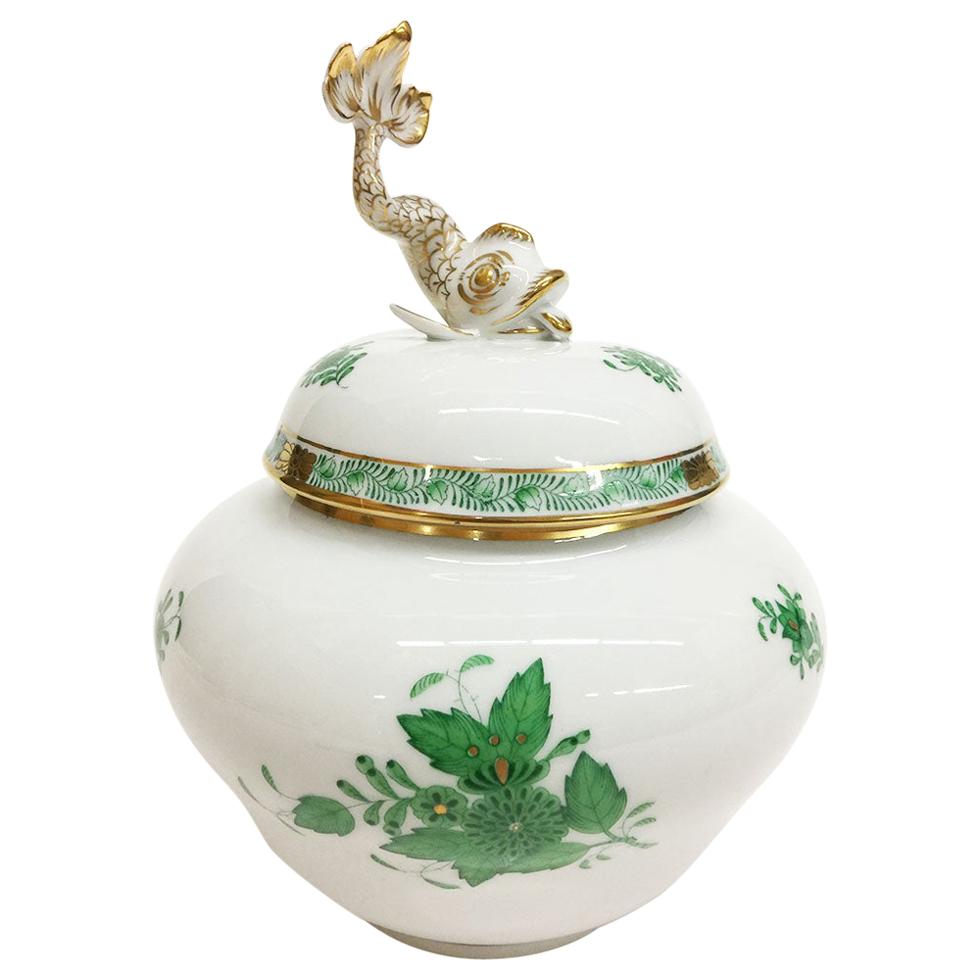 Herend "Chinese Bouquet Apponyi Green" Lidded Vase with a Fish on Top