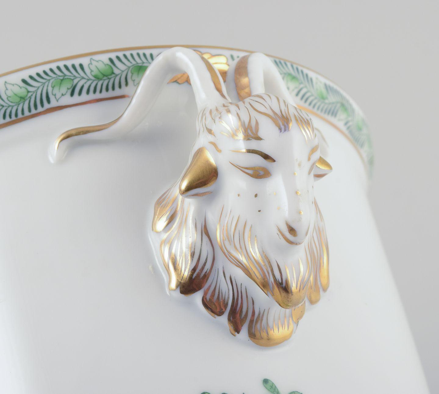 Glazed Herend, Chinese Bouquet porcelain flower pot. Handles in the shape of rams. For Sale