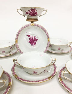 Herend "Chinese Bouquet Raspberry" Cream Soup Cups and Stands