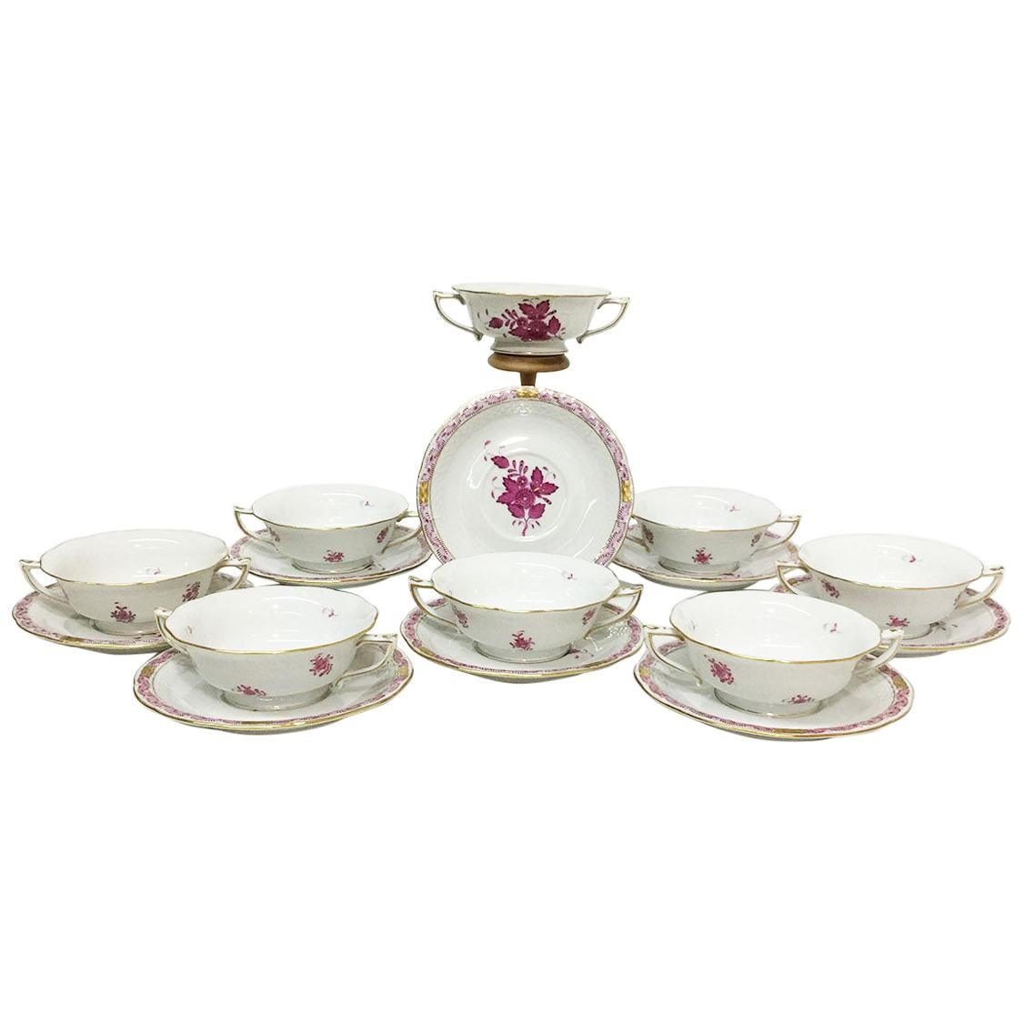 Herend "Chinese Bouquet Raspberry" Cream Soup Cups and Stands
