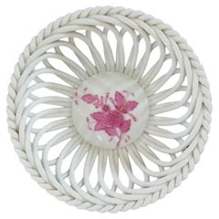 HEREND - Chinese Bouquet - Raspberry - Round Openwork Basket - Hungary - C. 1976