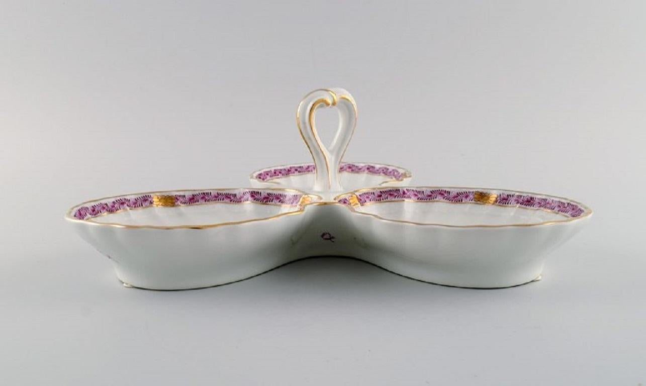 Hungarian Herend Chinese Bouquet Raspberry, Three-Part Serving Dish with Handle For Sale