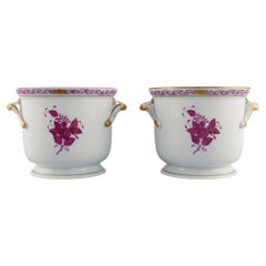 Retro Herend Chinese Bouquet Raspberry, Two Flower Pots in Hand-Painted Porcelain