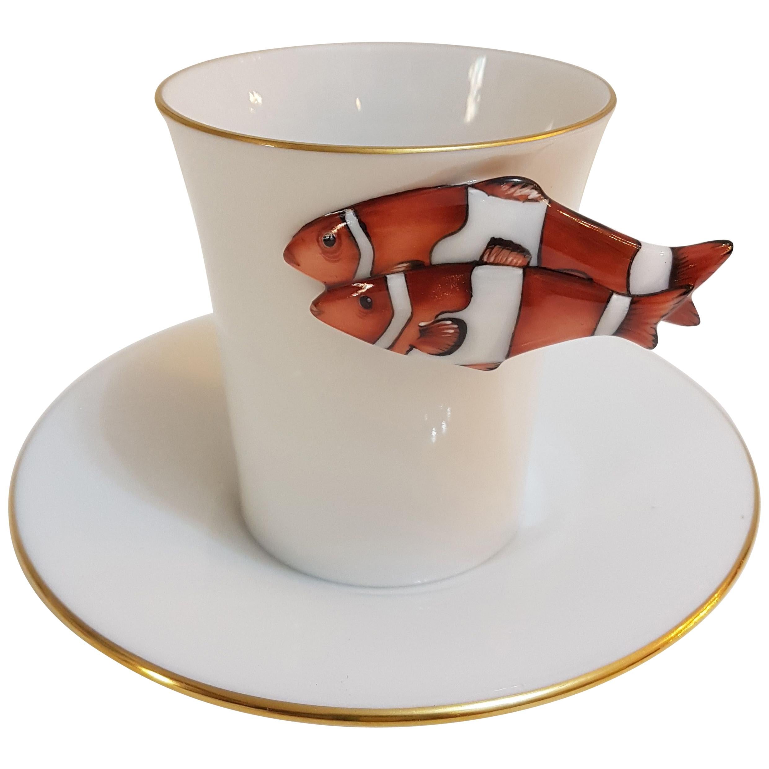 Herend "Clownfish" Hand Painted Hungarian Porcelain Coffee Cup and Saucer