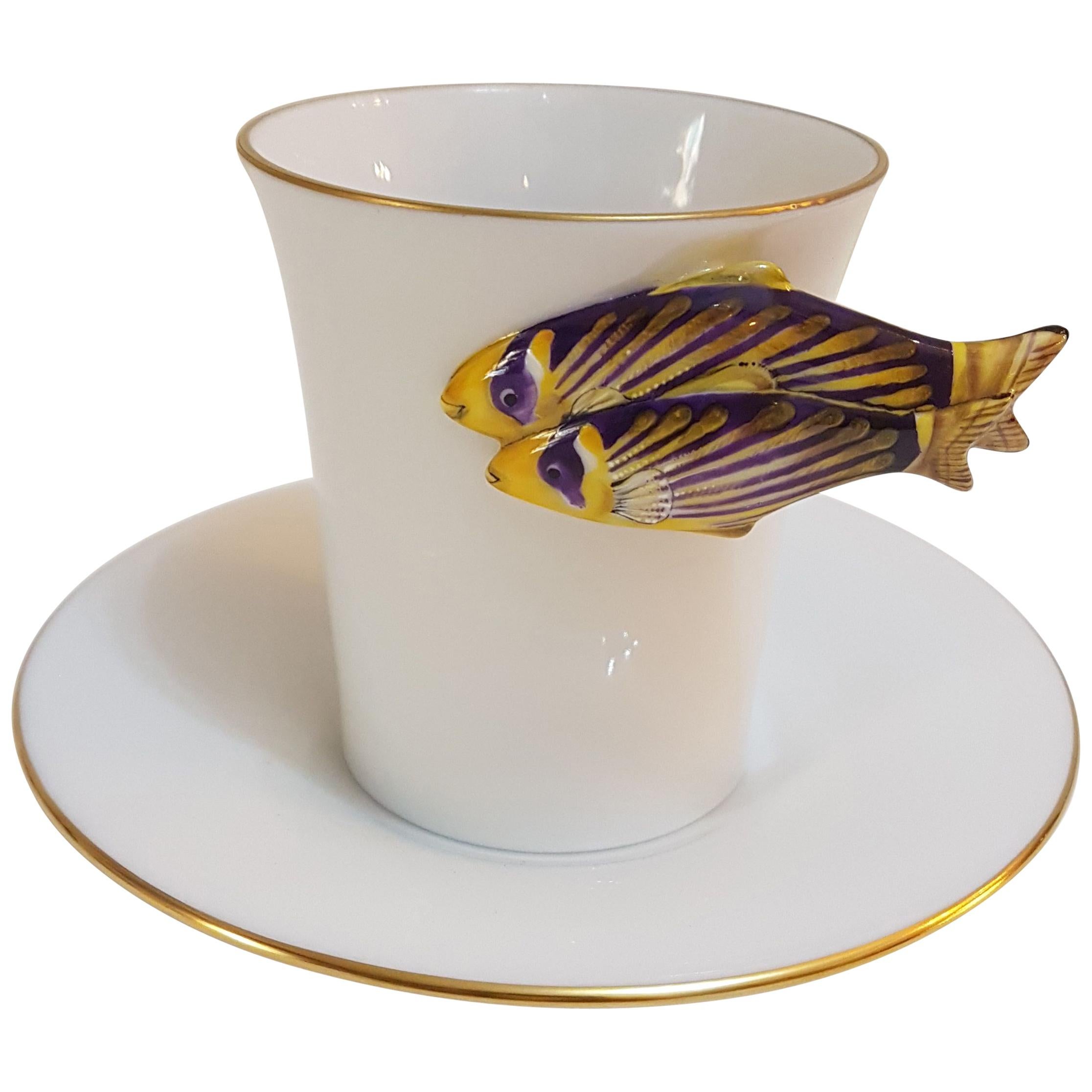 Herend "Clownfish" Hand-Painted Hungarian Porcelain Coffee Cup and Saucer