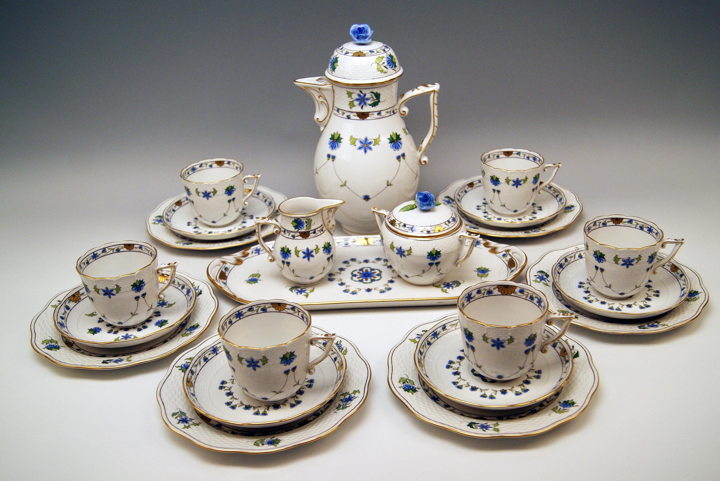 Herend Coffee Set for Six Persons 
Decor Lahore / LHTBW, partially golden painted 
form type Osier
made circa 1950-1960

This Herend coffee set consists of following parts:
-- six coffee cup with saucers
-- six dessert plates
-- lidded