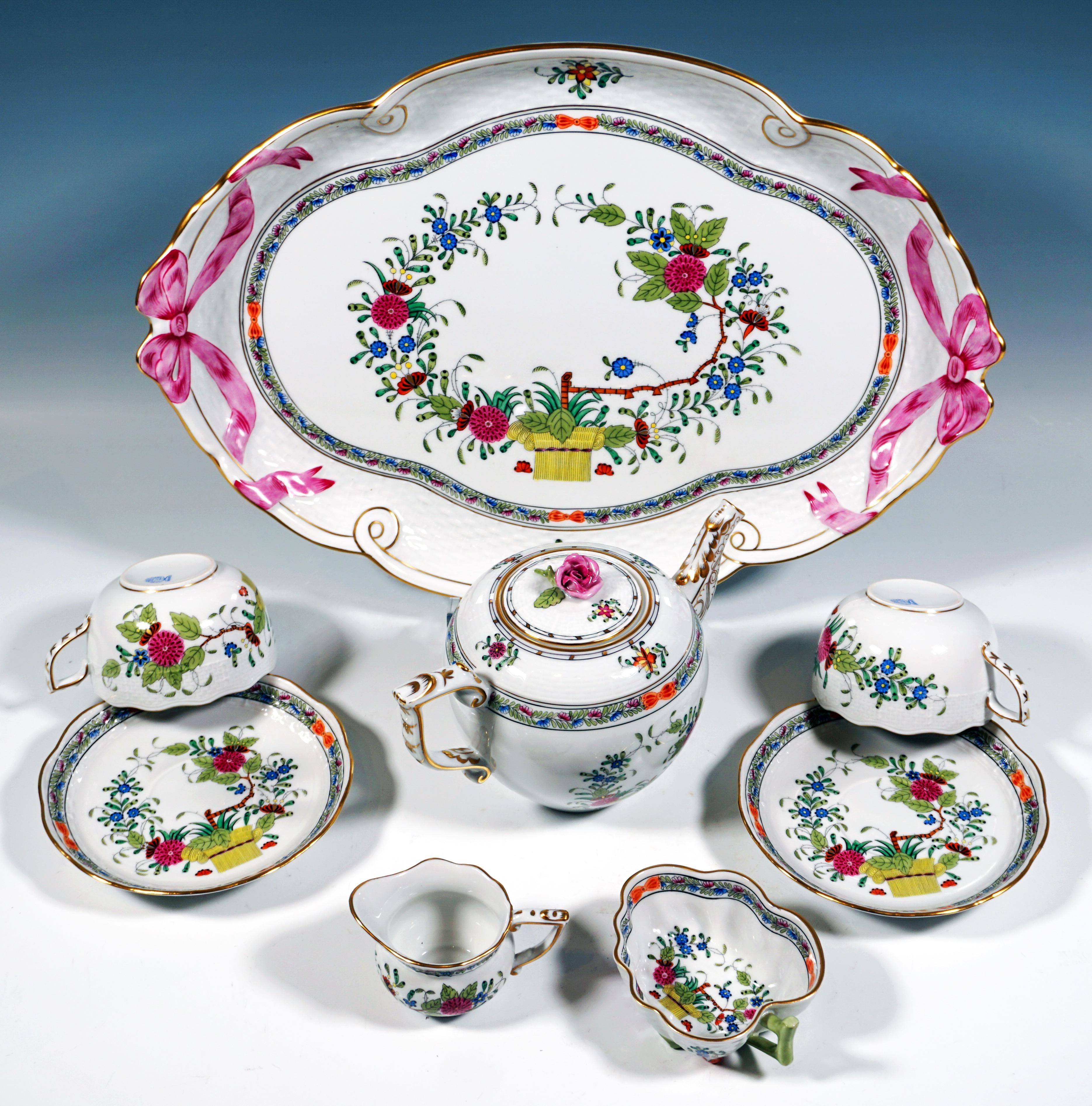 Hungarian Herend Dejeuner, Fleurs Des Indes, Tea Set For 2 Persons, Hungary 20th Century