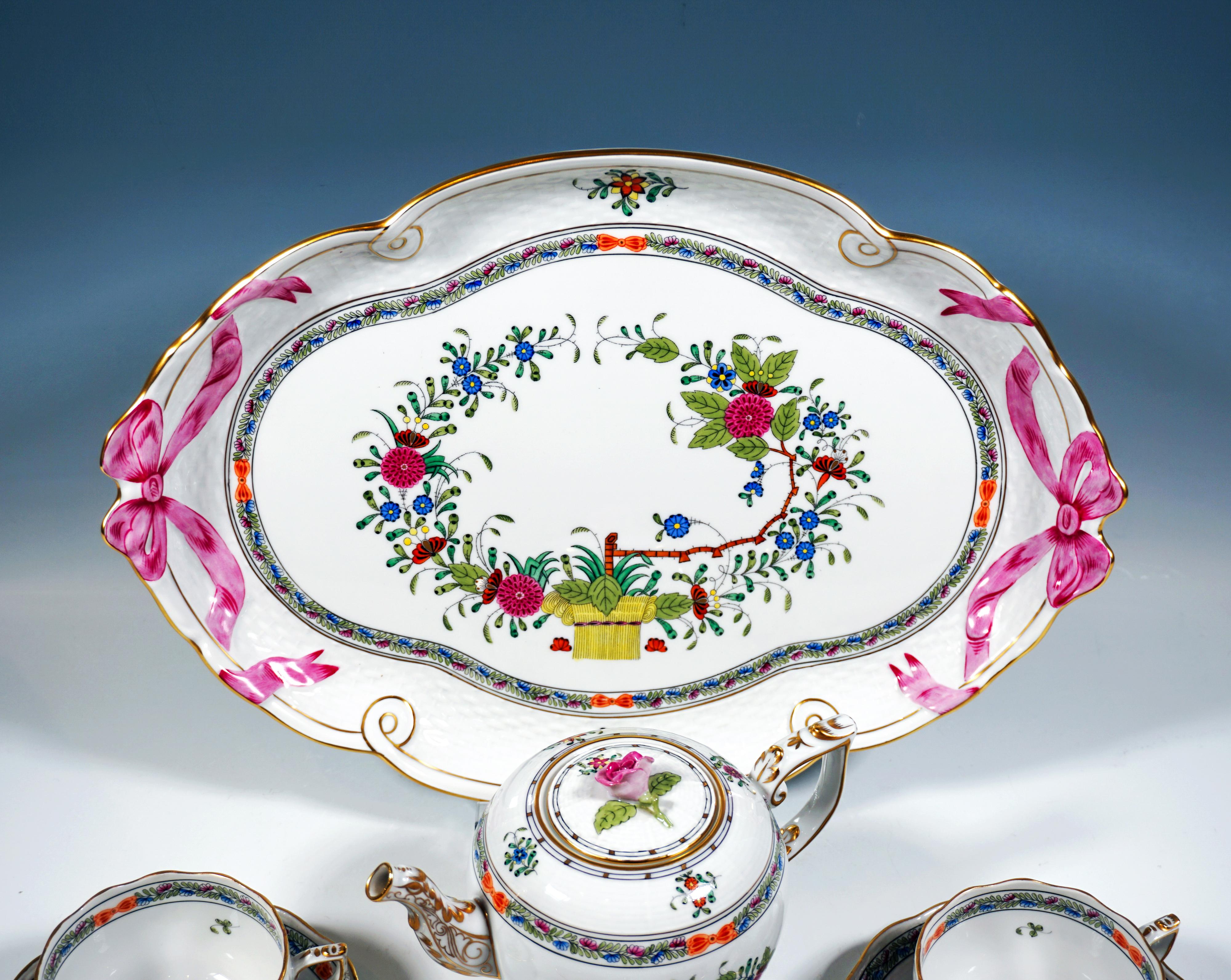 Painted Herend Dejeuner, Fleurs Des Indes, Tea Set For 2 Persons, Hungary 20th Century