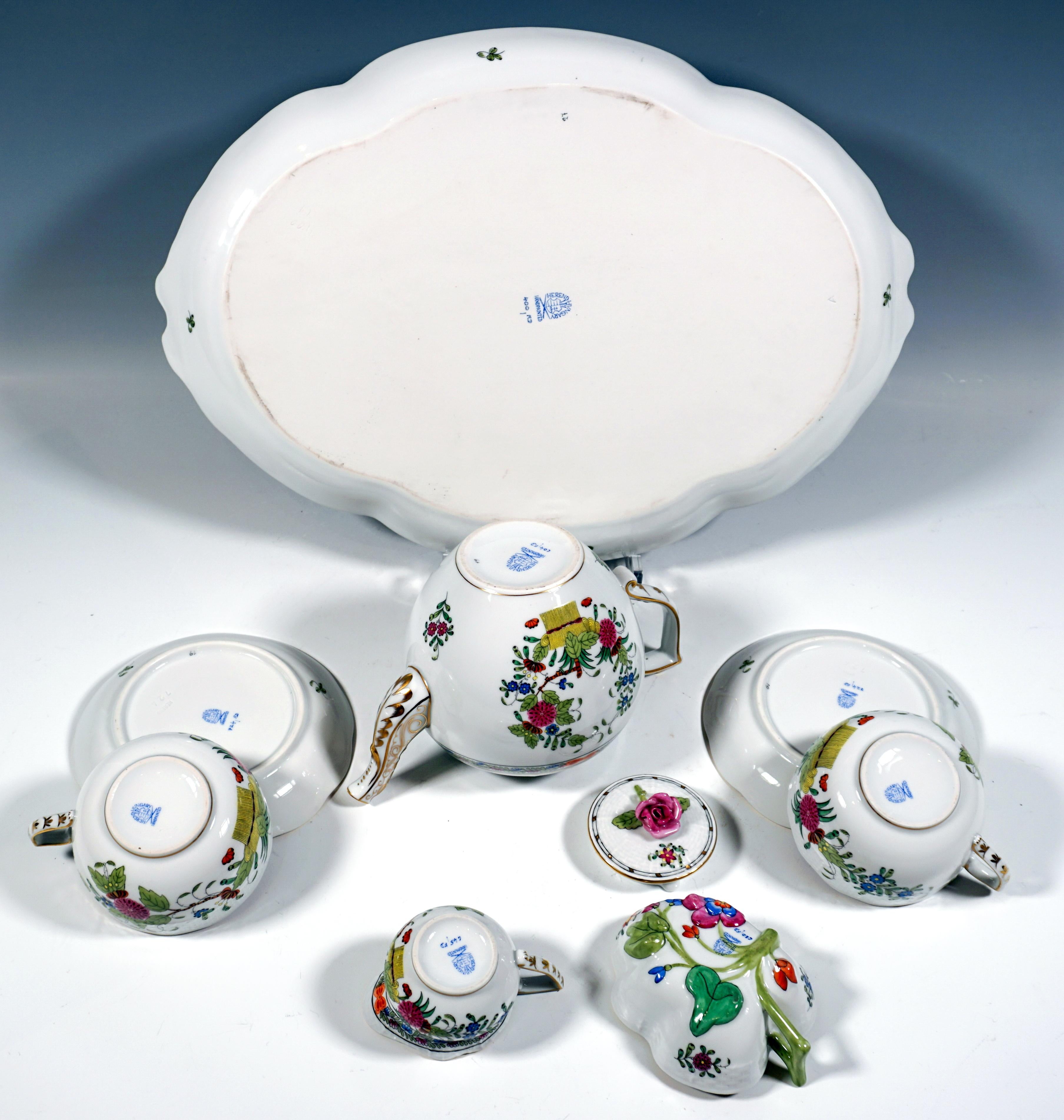 Porcelain Herend Dejeuner, Fleurs Des Indes, Tea Set For 2 Persons, Hungary 20th Century