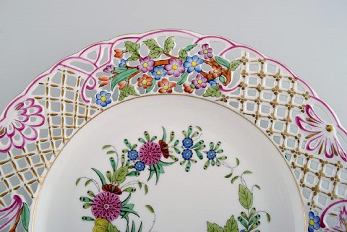 Hungarian Herend Dinner Plate in Openwork Porcelain with Hand Painted Flowers