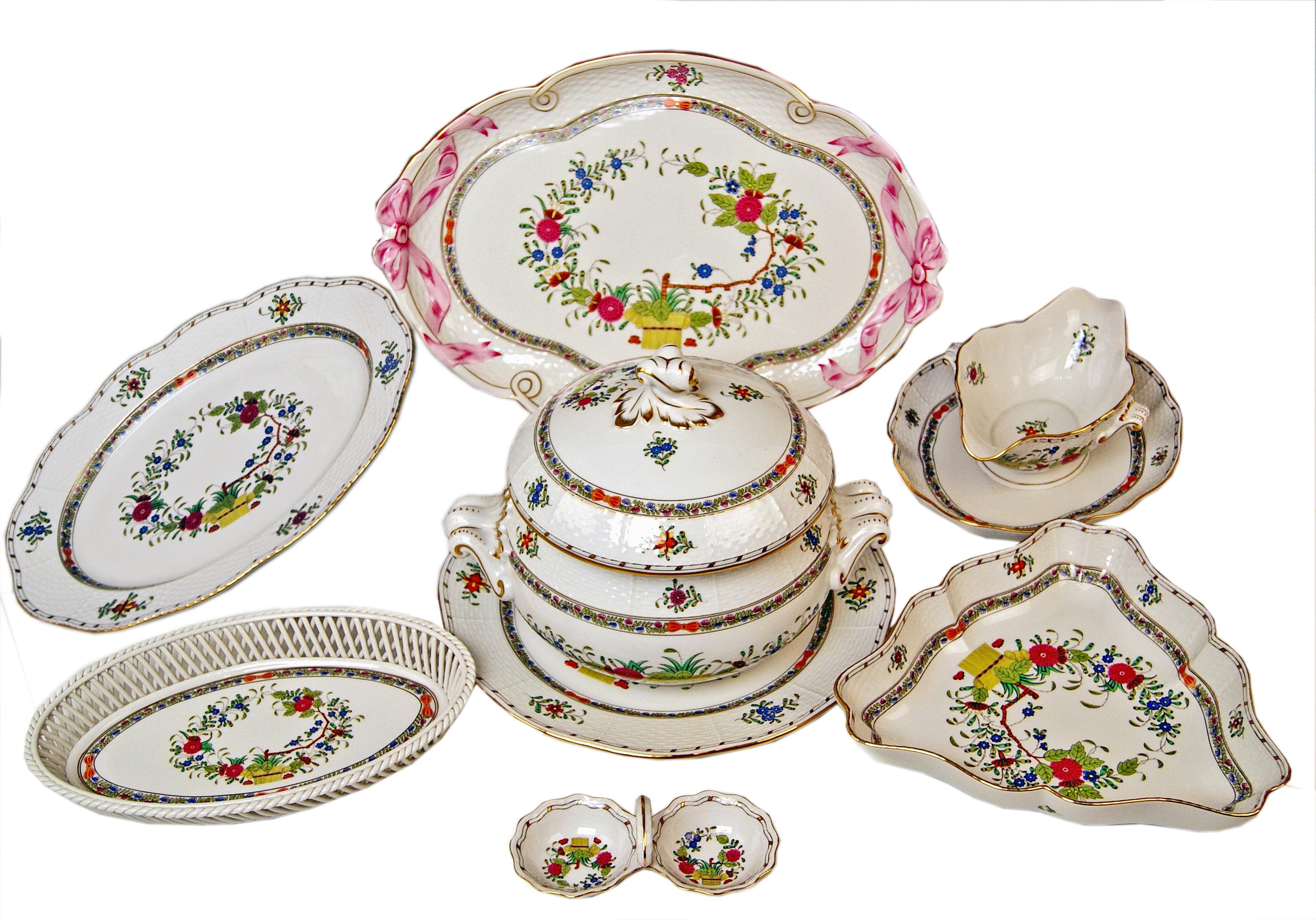We invite you here to look at a splendid as well as nicest Herend dinner set for twelve persons: 
This dinner set is of finest elegance due to its delicate flower paintings / finally stunning appearance, too, due to golden painted edges, circa