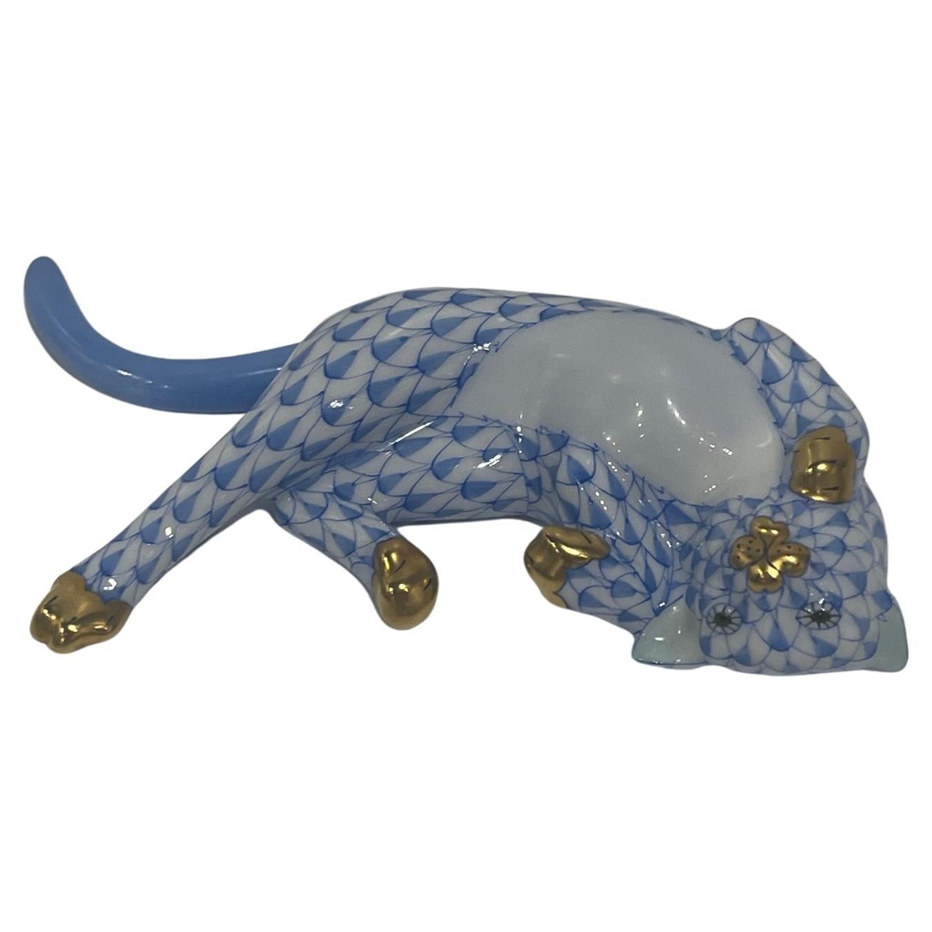 Herend Figure Blue and White of a Cat Stretching, 20th Century For Sale