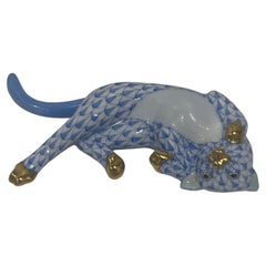 Herend Figure Blue and White of a Cat Stretching, 20th Century