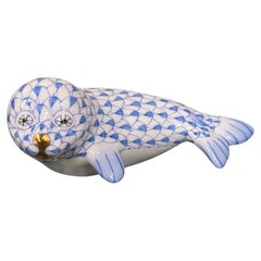 Herend Figure Blue and White of a Seal, 20th Century