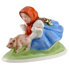 Vintage Herend Figure in Hand-Painted Porcelain, Peasant Girl with Piglet, Mid-20th C.