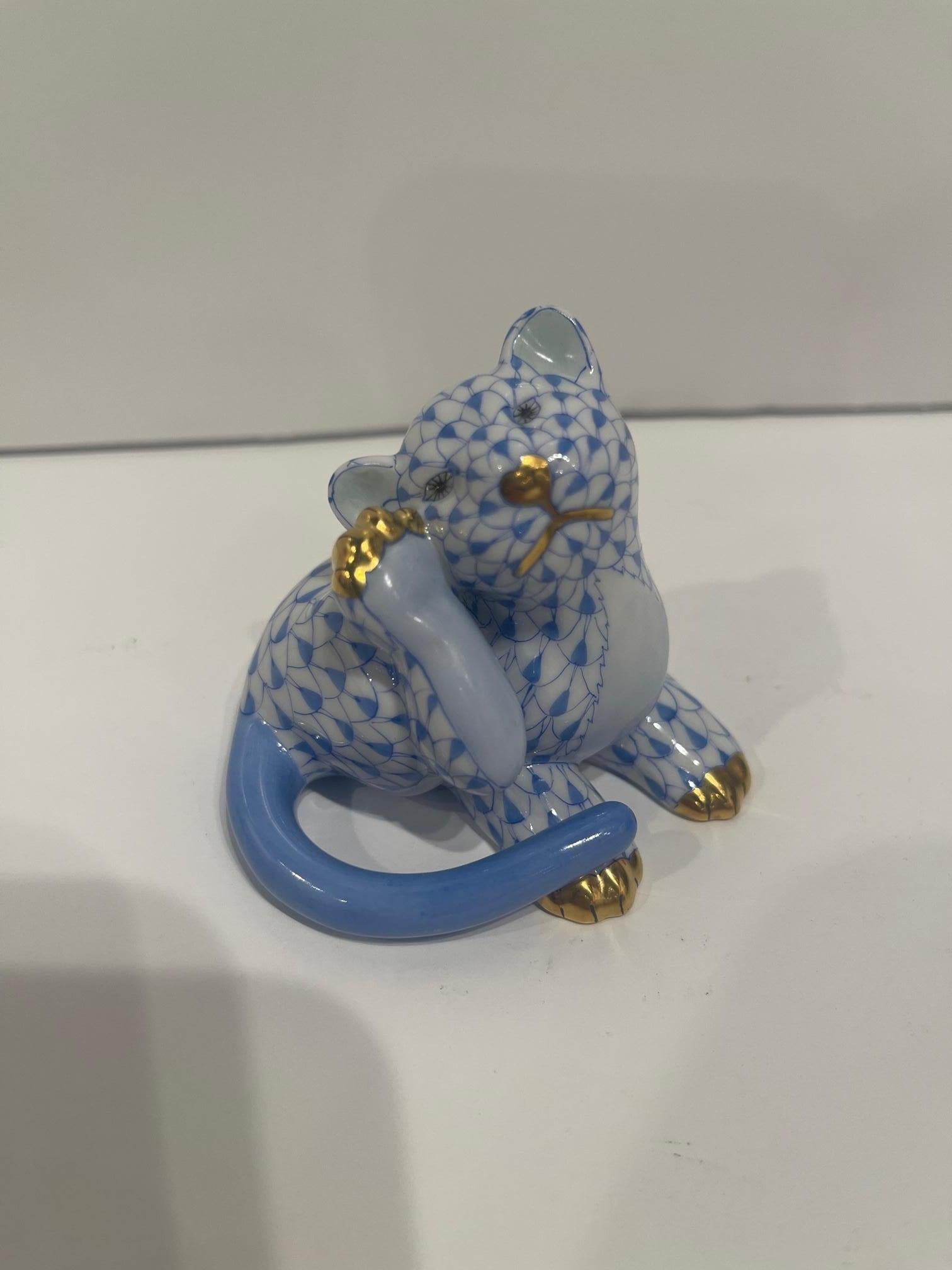 Hungarian Herend Figure of a Blue and White Cat Scratching its Ear, 20th Century