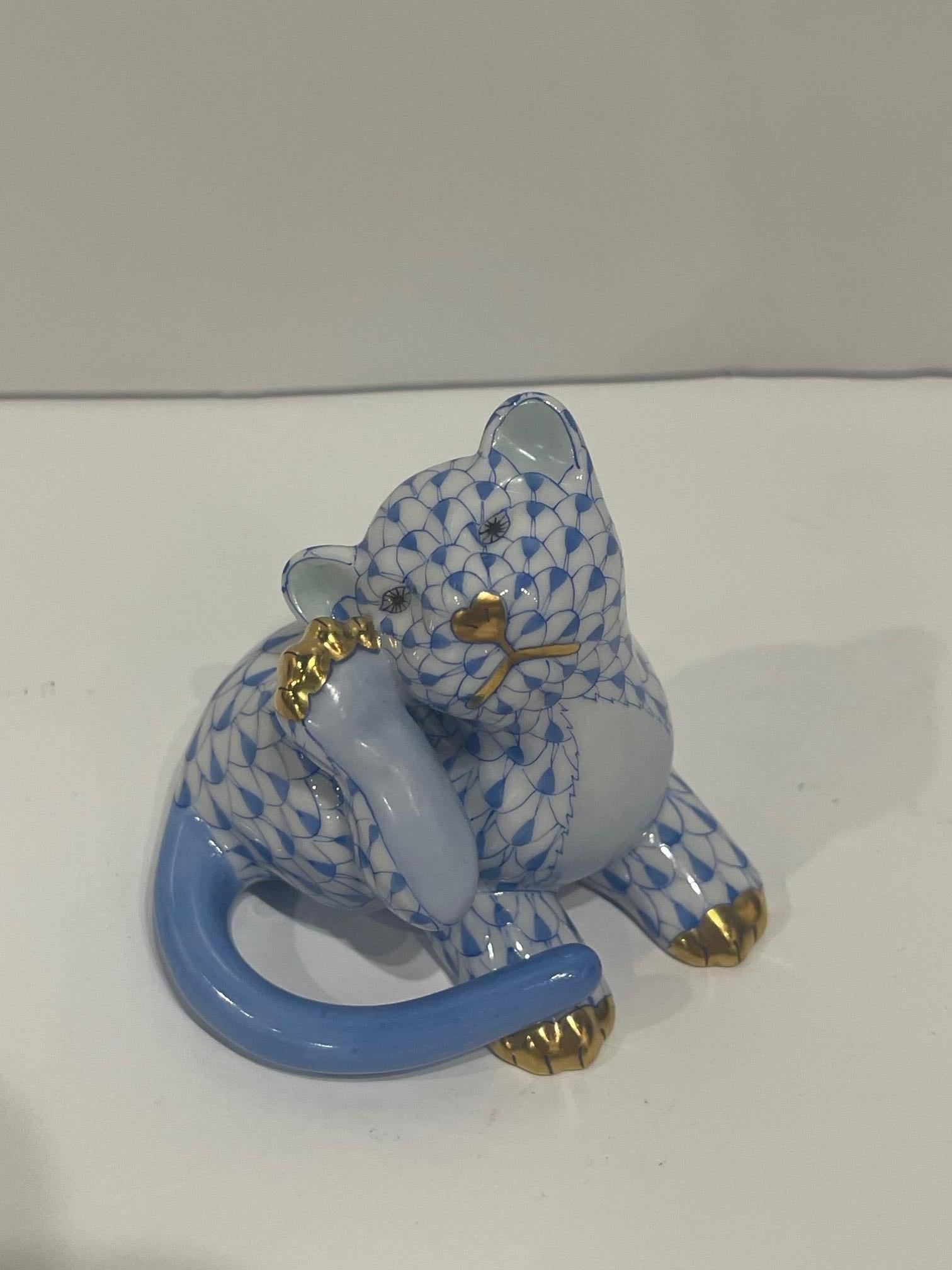 Porcelain Herend Figure of a Blue and White Cat Scratching its Ear, 20th Century