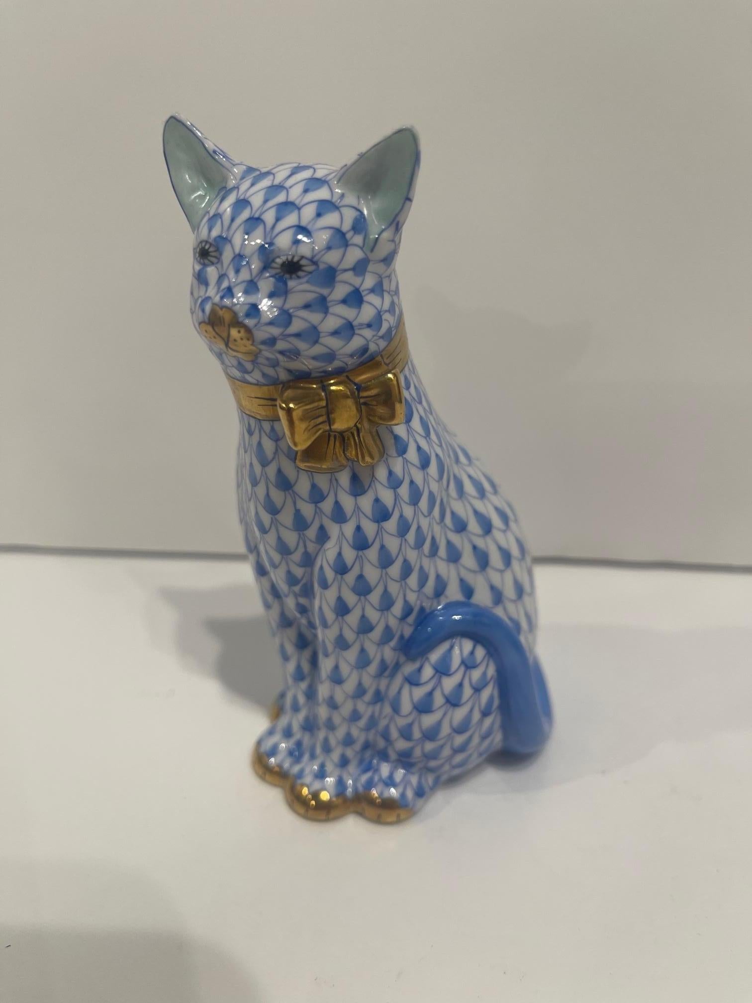 Hungarian Herend Figure of a Blue and White Sitting Cat, 20th Century For Sale