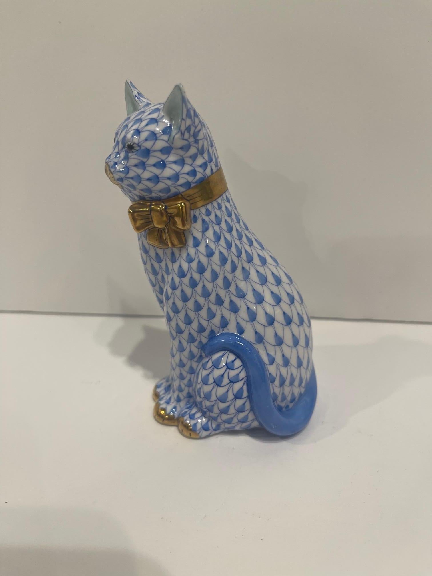 Porcelain Herend Figure of a Blue and White Sitting Cat, 20th Century For Sale