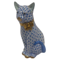 Vintage Herend Figure of a Blue and White Sitting Cat, 20th Century