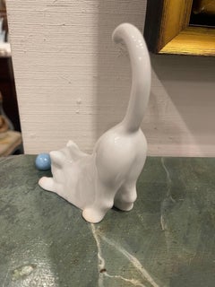 Herend Figure of a White Cat Playing with a Blue Ball, 20th Century