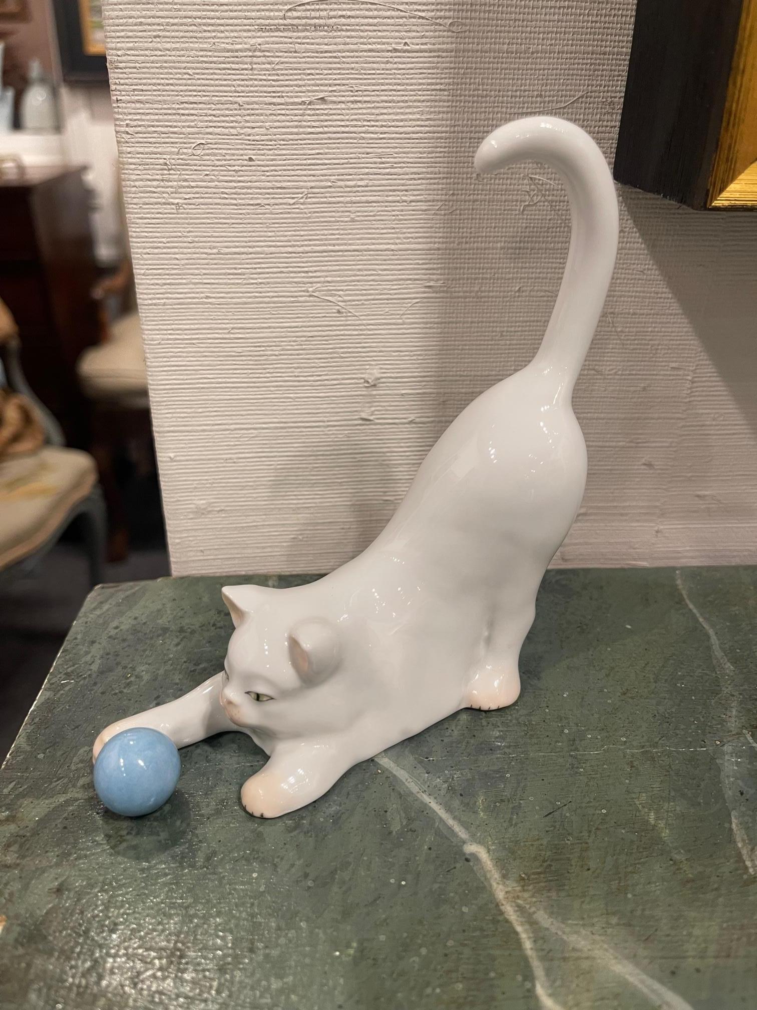 Porcelain Herend Figure of a White Cat Playing with a Blue Ball, 20th Century For Sale