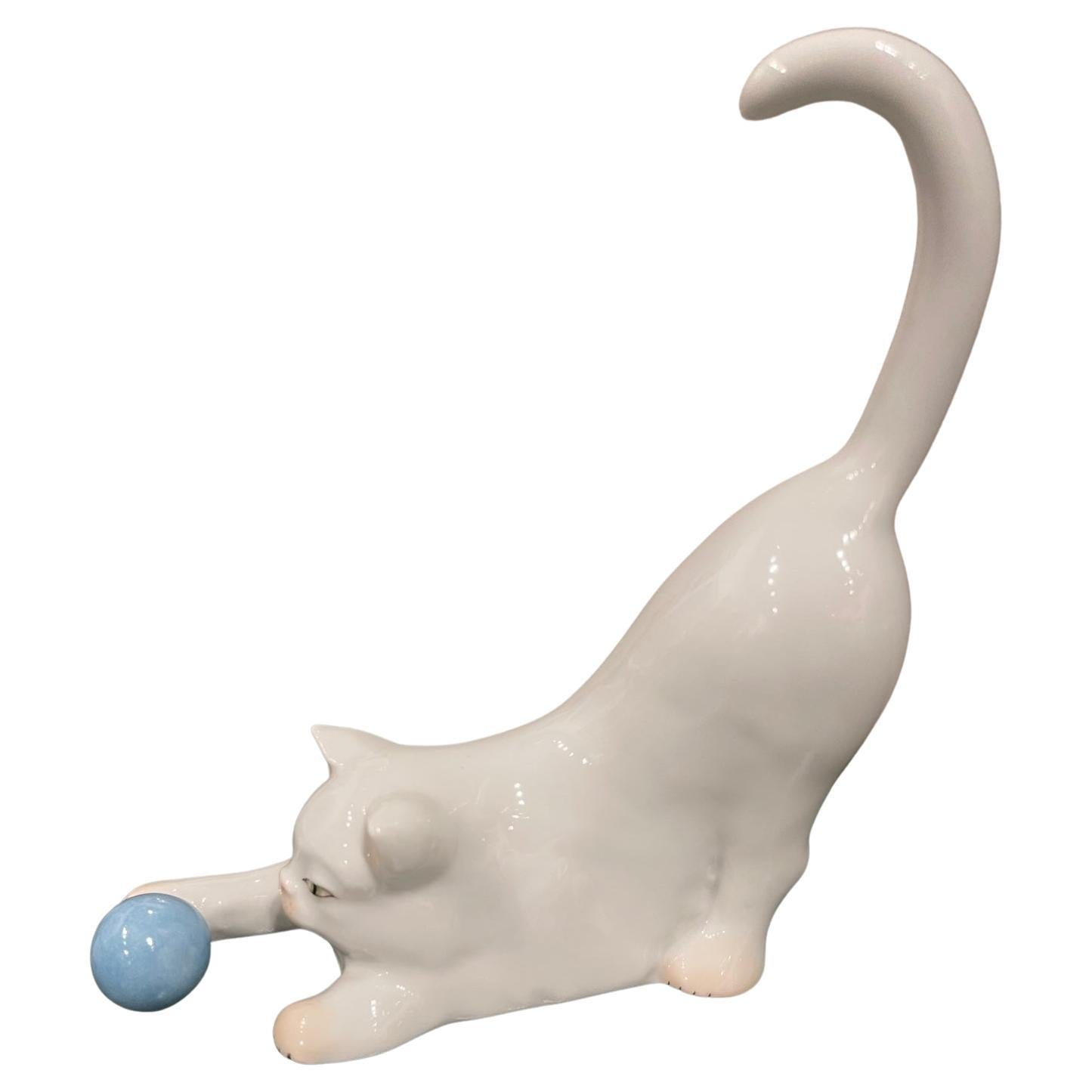 Herend Figure of a White Cat Playing with a Blue Ball, 20th Century