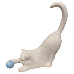Vintage Herend Figure of a White Cat Playing with a Blue Ball, 20th Century