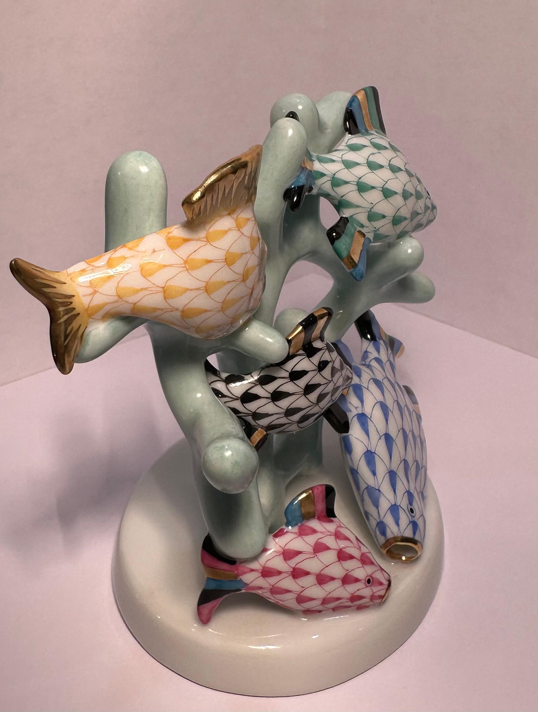 Hand-Painted Herend Finest Quality Hand Painted Multicolor Porcelain Fishes on Coral Figurine For Sale