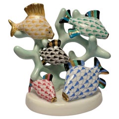 Herend Finest Quality Hand Painted Multicolor Porcelain Fishes on Coral Figurine