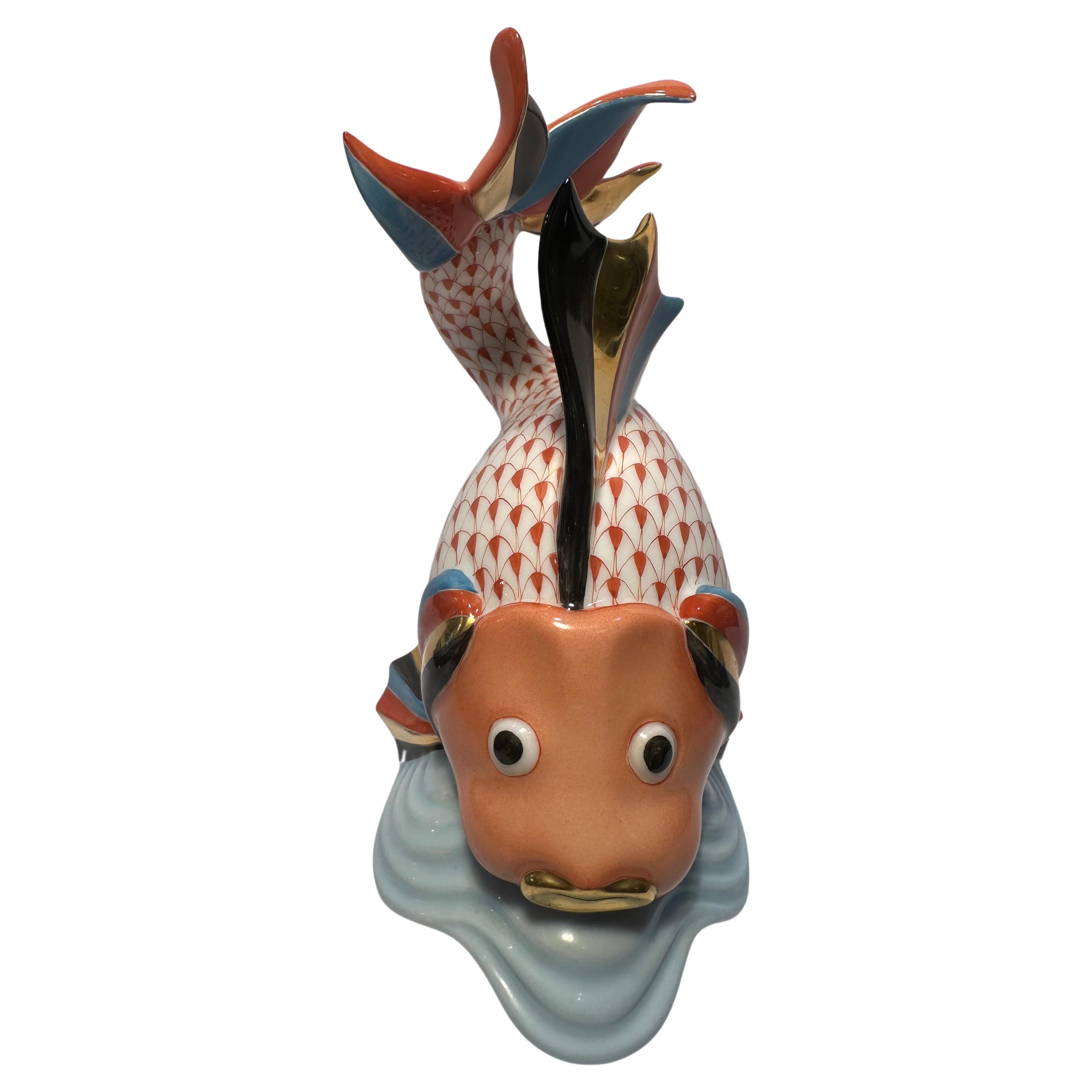 Hungarian Herend Finest Quality Hand Painted Porcelain Carp Fish on a Wave Figurine For Sale