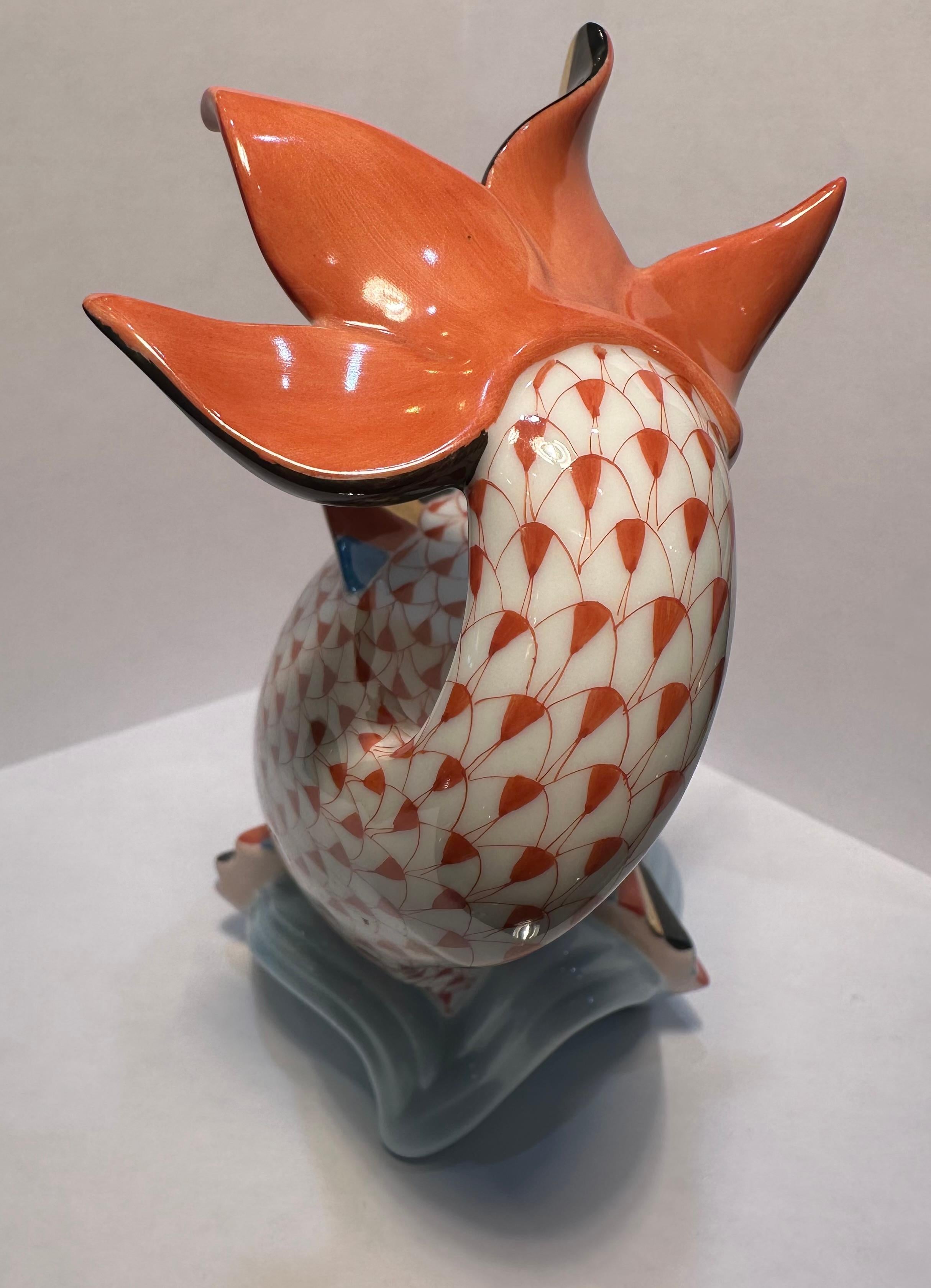 Herend Finest Quality Hand Painted Porcelain Carp Fish on a Wave Figurine In Excellent Condition For Sale In Tustin, CA