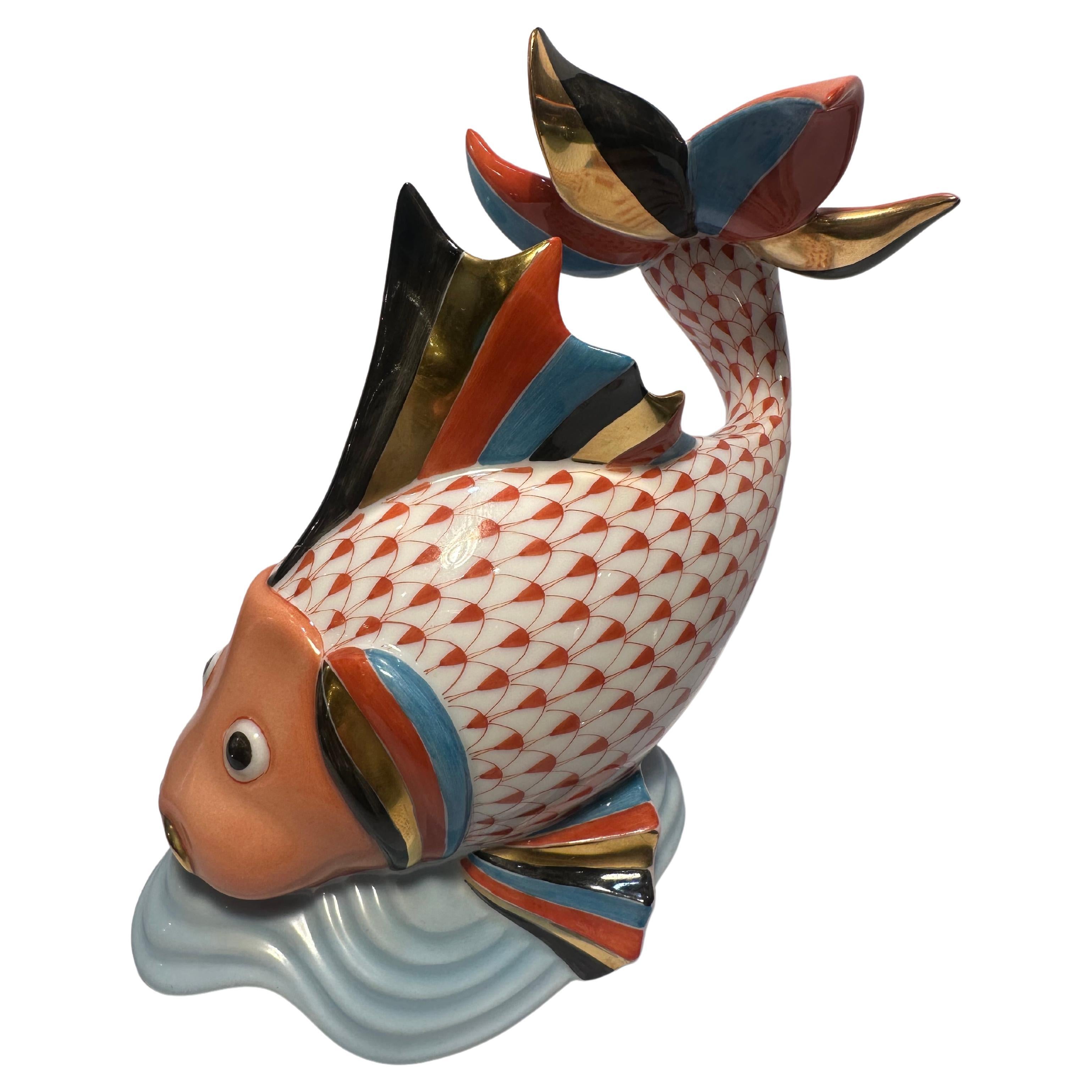 Contemporary Herend Finest Quality Hand Painted Porcelain Carp Fish on a Wave Figurine For Sale