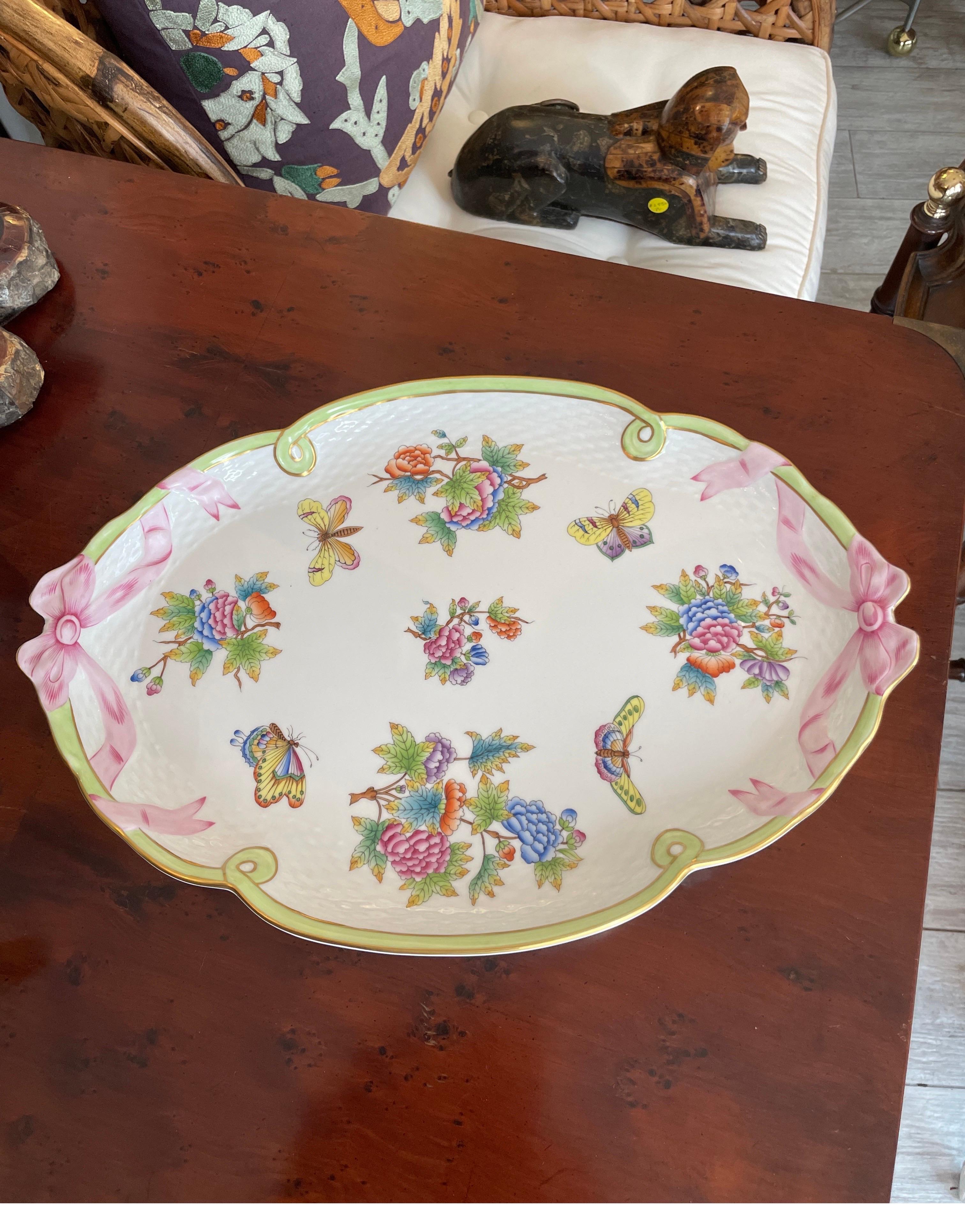 Herend five piece older Queen Victoria pattern tea pot, coffee pot, creamer & sugar bowl with matching tray. This pattern features bows, flowers and butterflies. Tea pot is 9