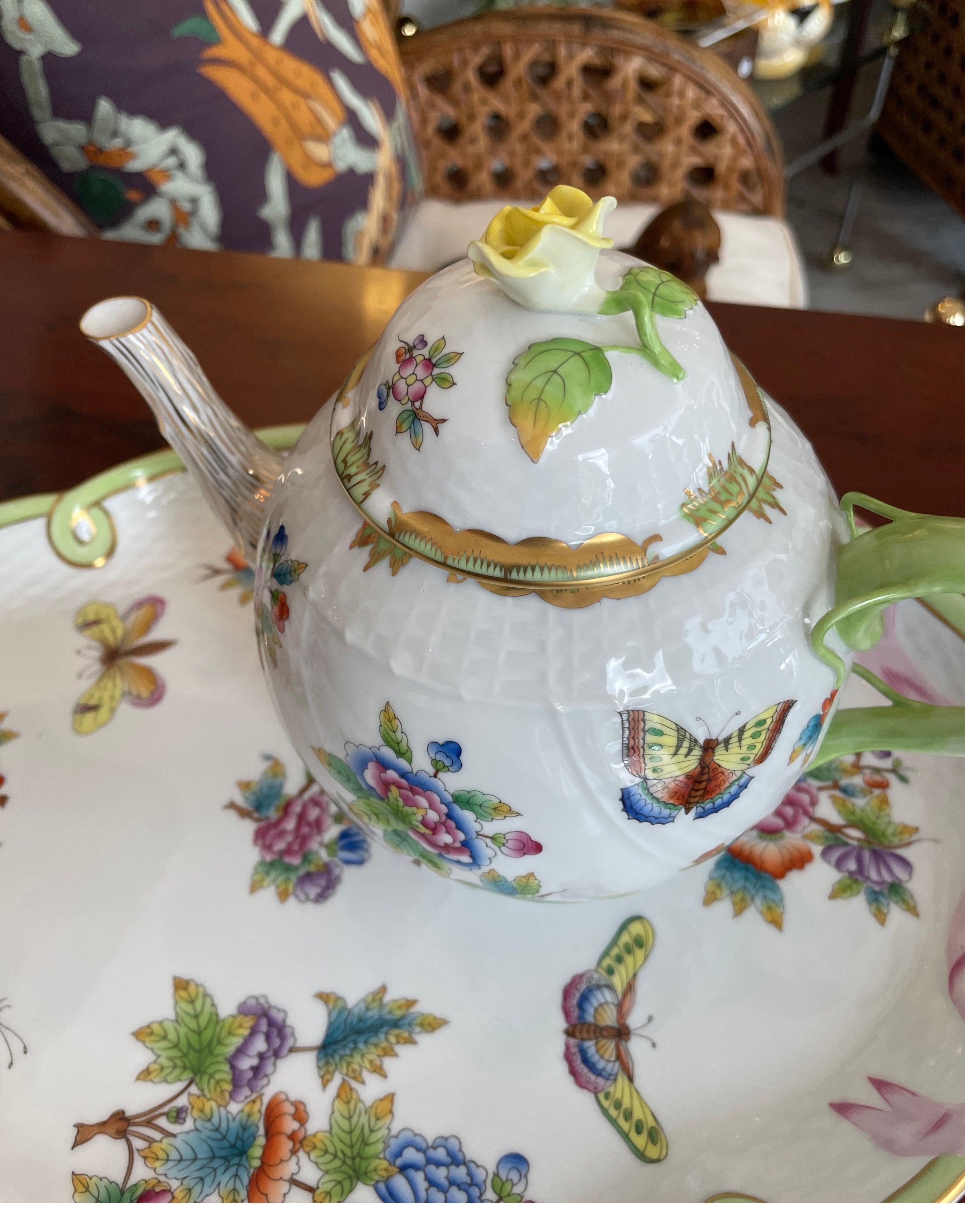 Hungarian Herend Five Piece Queen Victoria Coffee, Tea, Creamer, Sugar Bowl & Tray Set