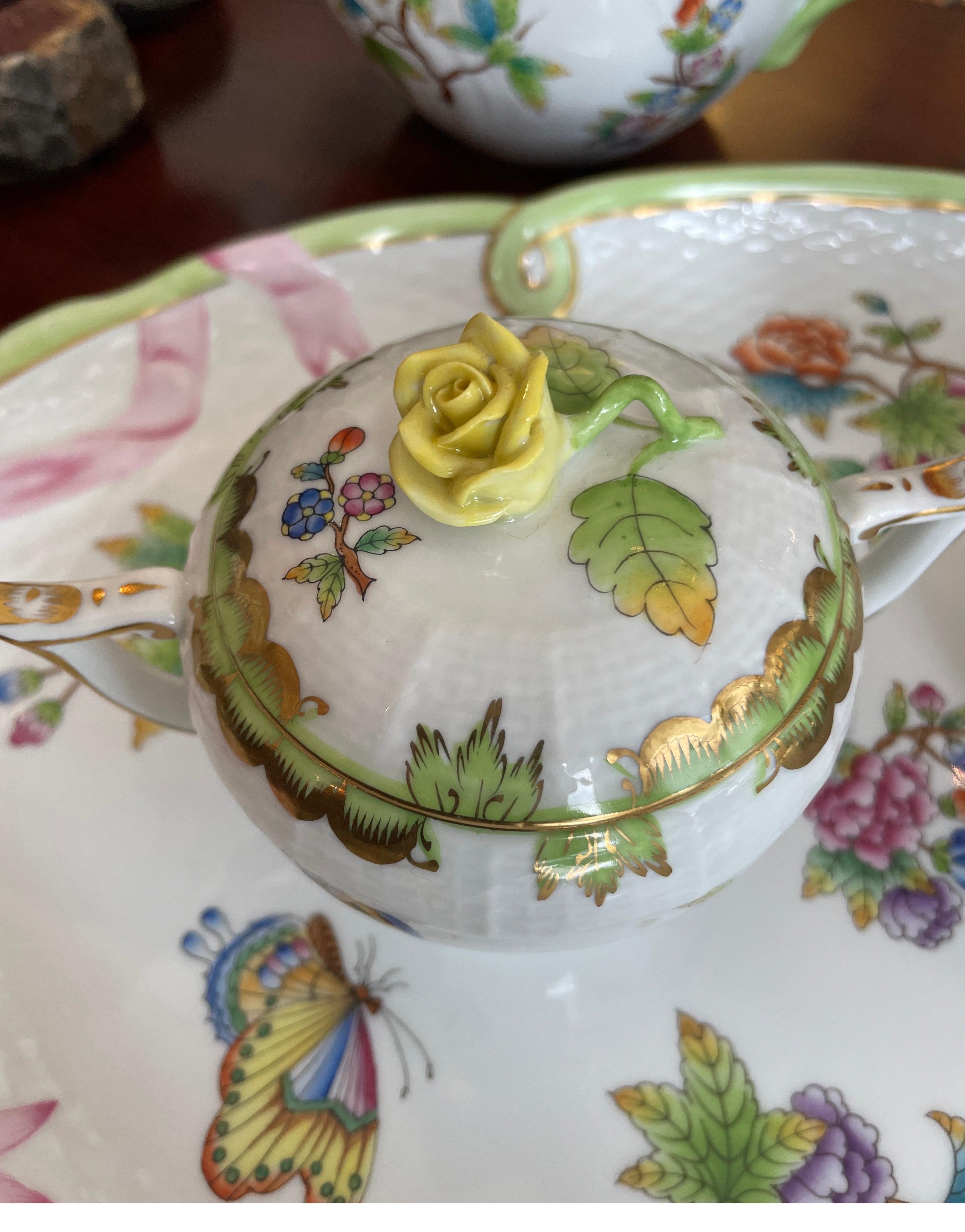 Porcelain Herend Five Piece Queen Victoria Coffee, Tea, Creamer, Sugar Bowl & Tray Set