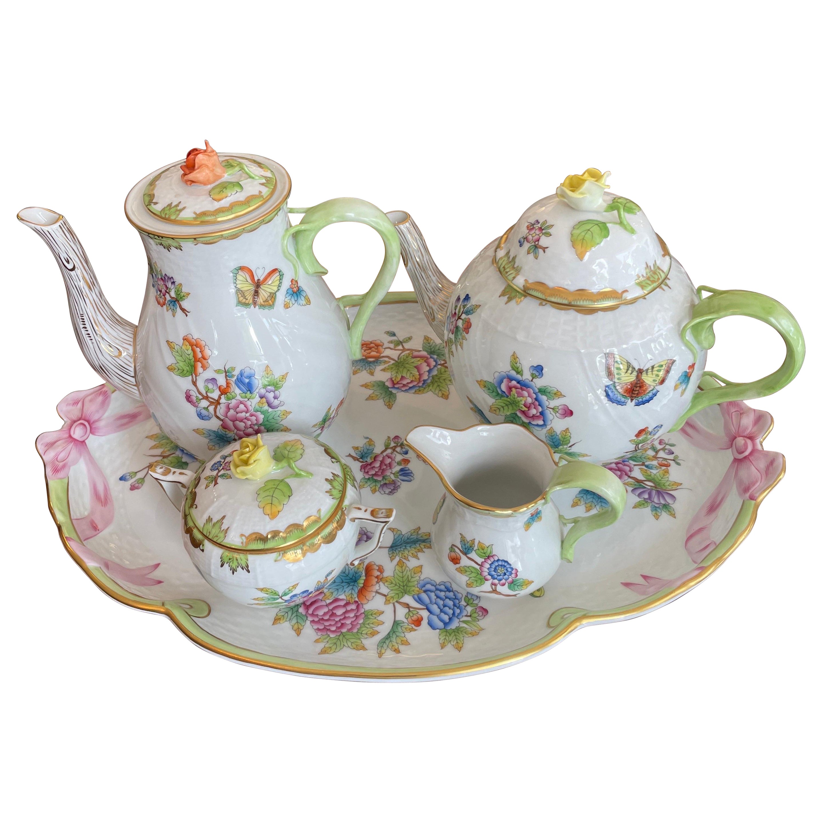 Herend Five Piece Queen Victoria Coffee, Tea, Creamer, Sugar Bowl & Tray Set